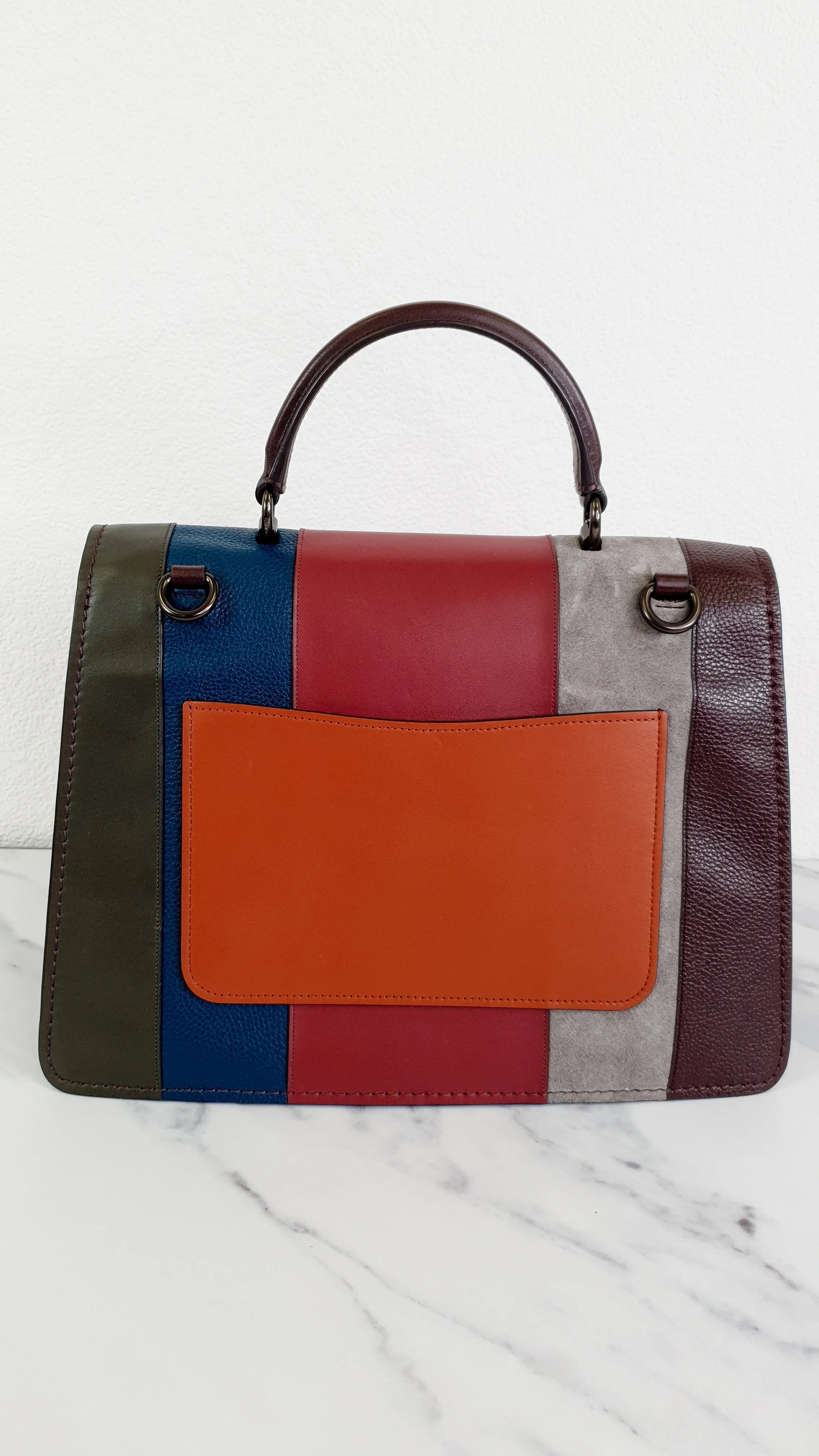 Coach Parker Tophandle 32 with Patchwork Stripes Carryall in Black Leather with Suede - Handbag Crossbody Bag - Coach 73823