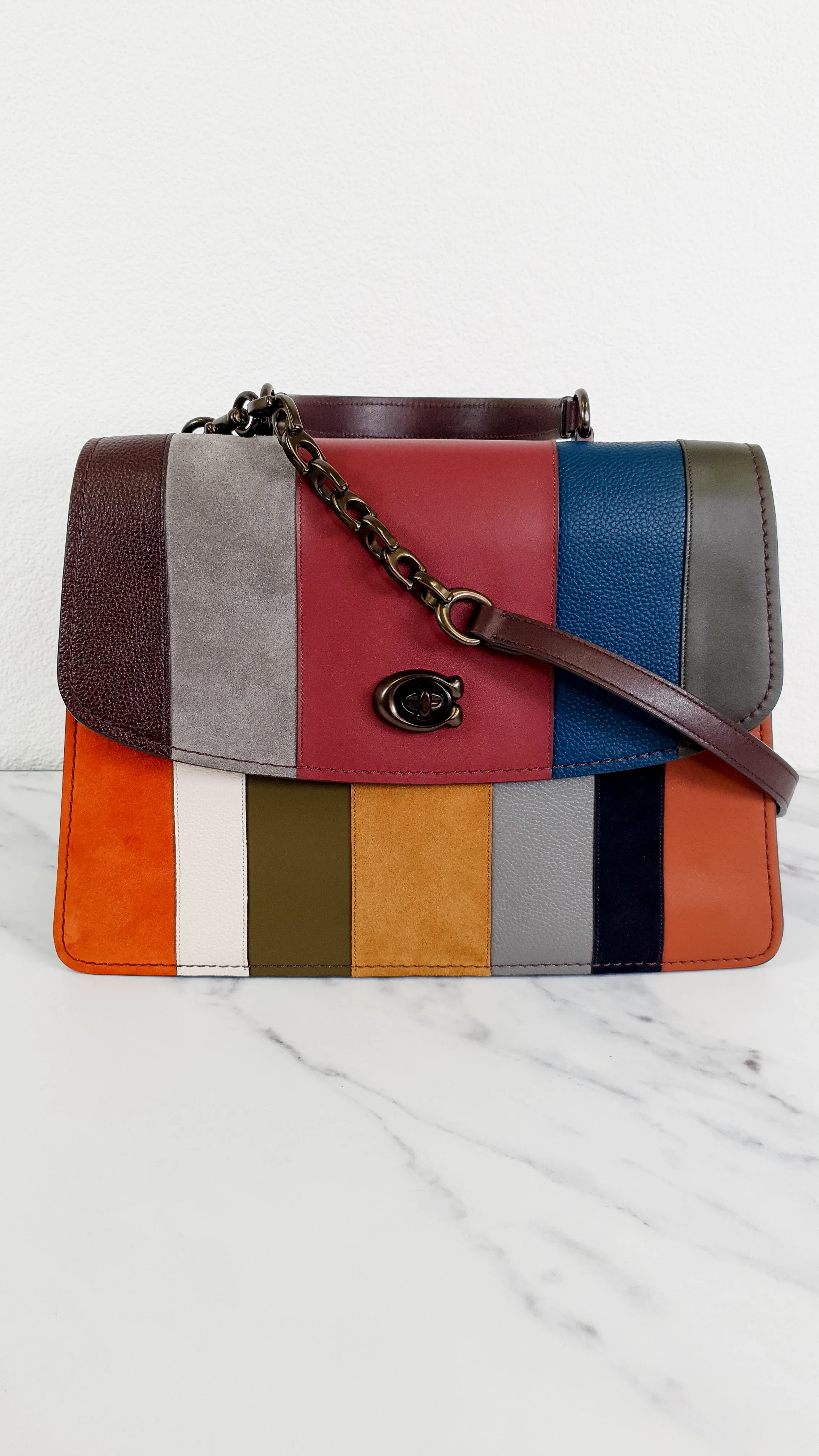 Coach Parker Tophandle 32 with Patchwork Stripes Carryall in Black Leather with Suede - Handbag Crossbody Bag - Coach 73823