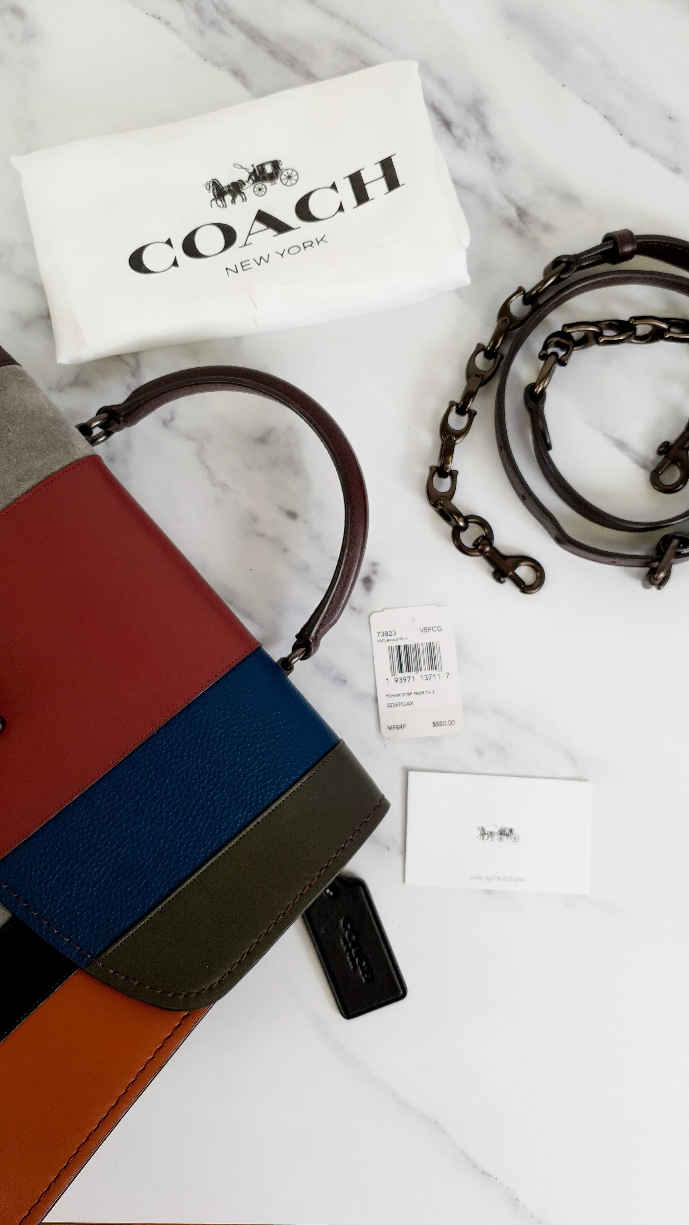 Coach Parker Tophandle 32 with Patchwork Stripes Carryall in Black Leather with Suede - Handbag Crossbody Bag - Coach 73823