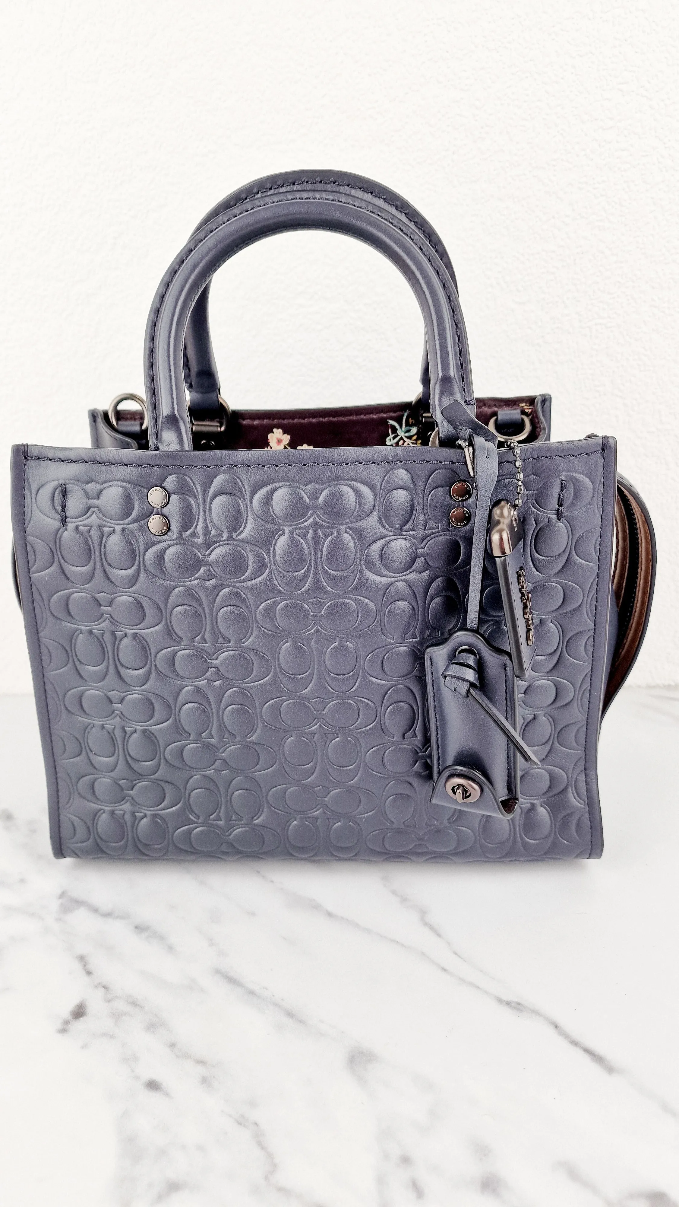 Coach Rogue 25 in Midnight Navy Blue Signature Embossed Smooth Leather with Burgundy Floral Bow Leather Lining - Coach 26839