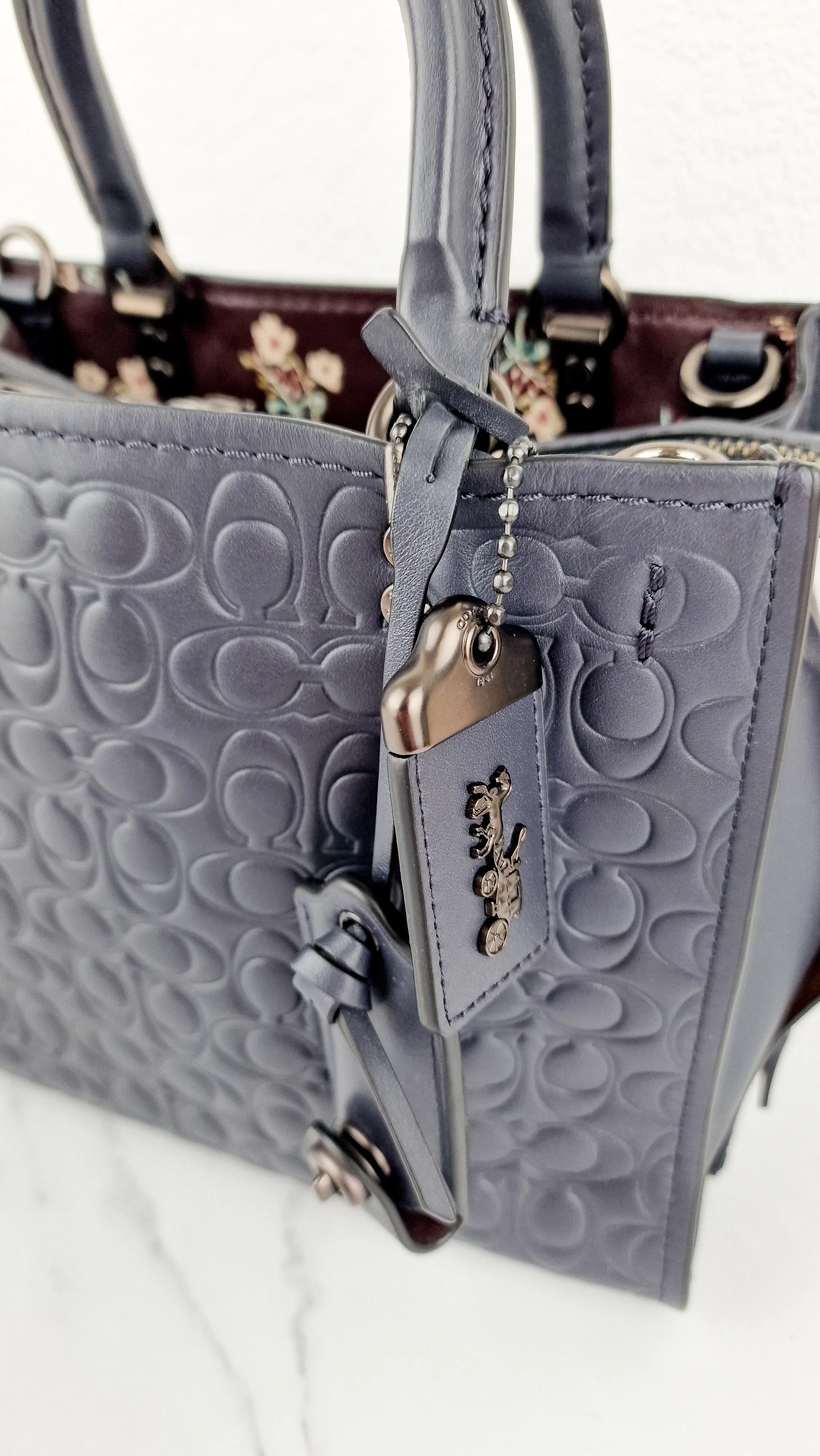 Coach Rogue 25 in Midnight Navy Blue Signature Embossed Smooth Leather with Burgundy Floral Bow Leather Lining - Coach 26839