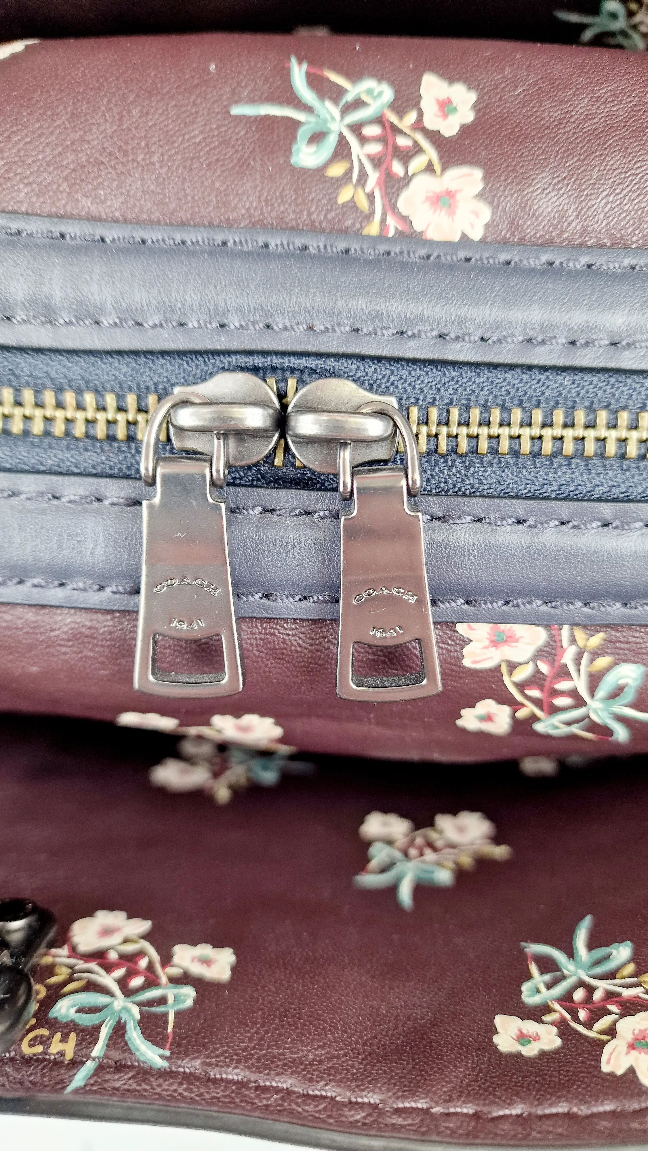 Coach Rogue 25 in Midnight Navy Blue Signature Embossed Smooth Leather with Burgundy Floral Bow Leather Lining - Coach 26839