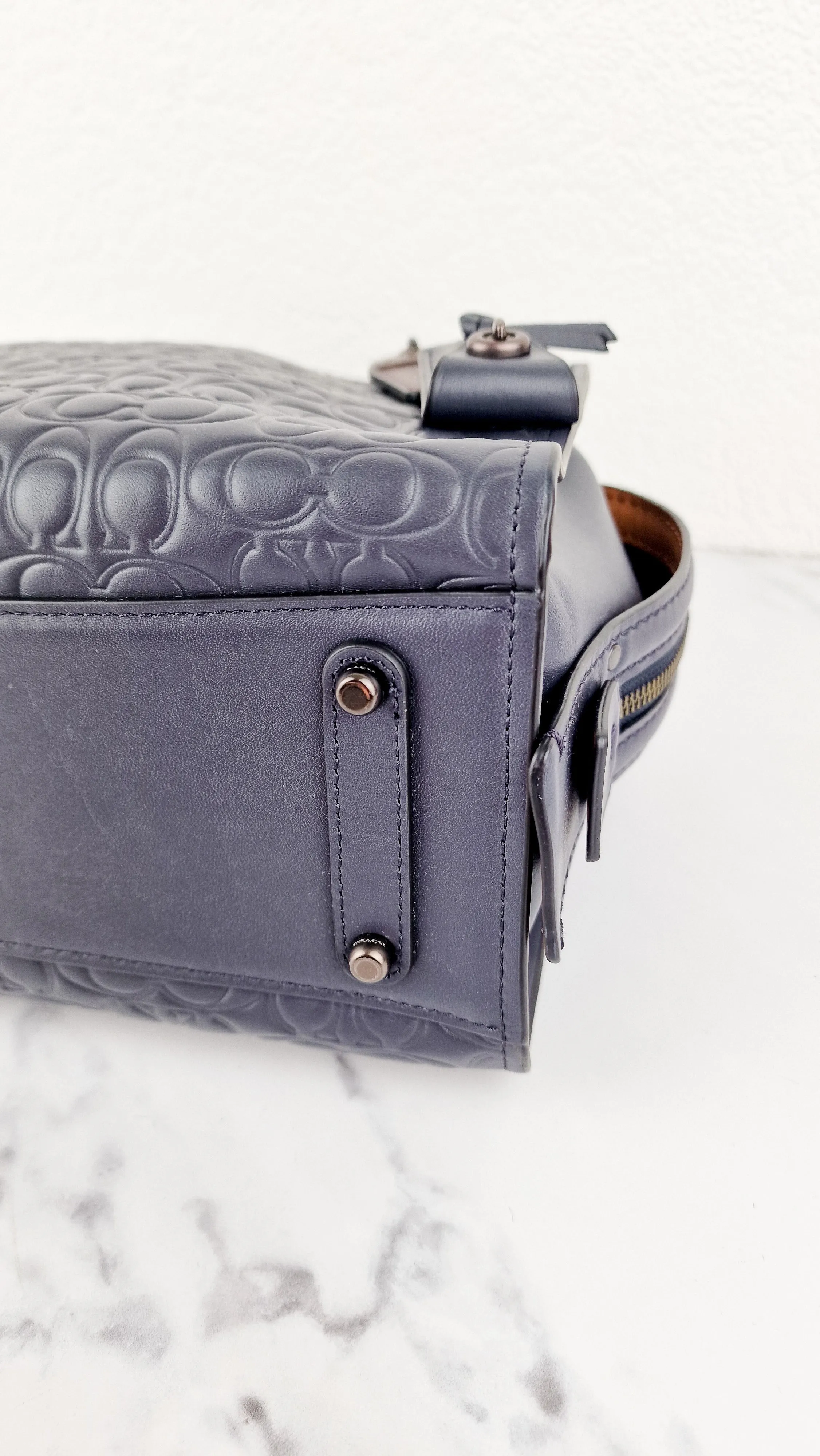 Coach Rogue 25 in Midnight Navy Blue Signature Embossed Smooth Leather with Burgundy Floral Bow Leather Lining - Coach 26839