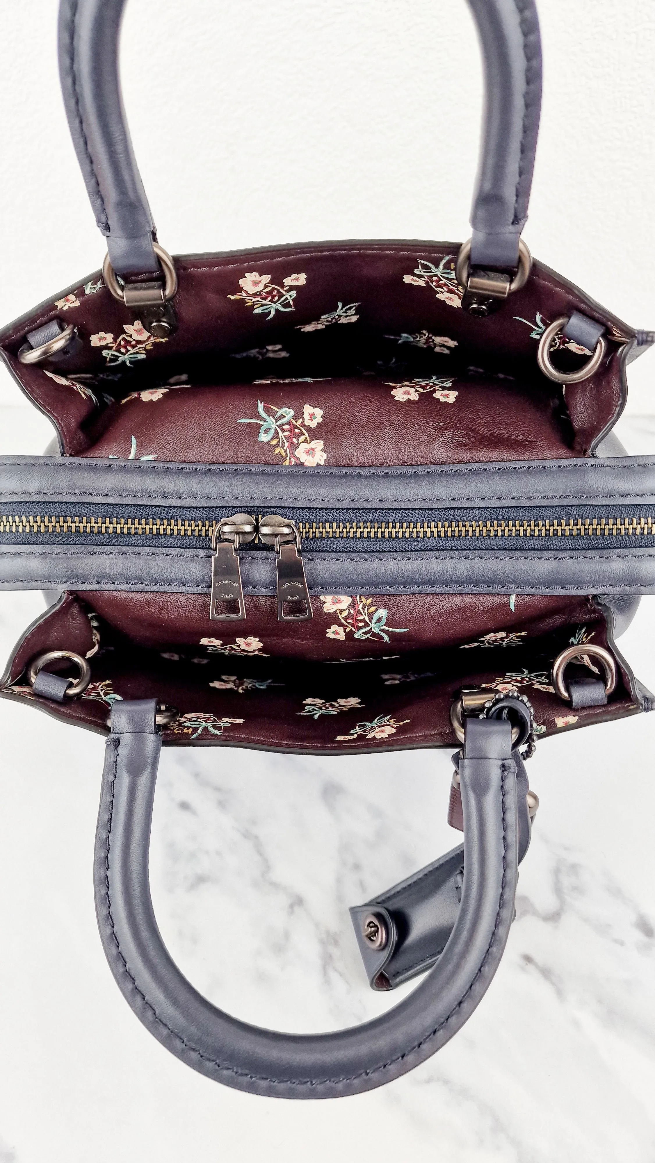 Coach Rogue 25 in Midnight Navy Blue Signature Embossed Smooth Leather with Burgundy Floral Bow Leather Lining - Coach 26839