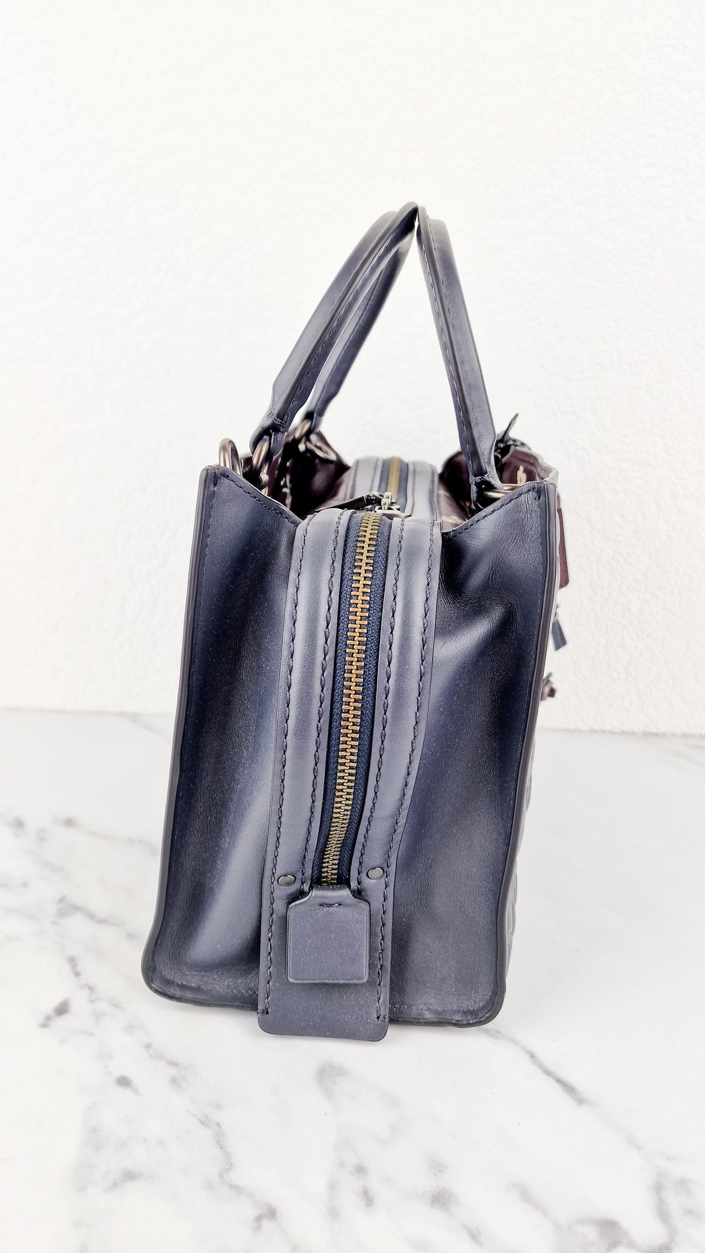 Coach Rogue 25 in Midnight Navy Blue Signature Embossed Smooth Leather with Burgundy Floral Bow Leather Lining - Coach 26839