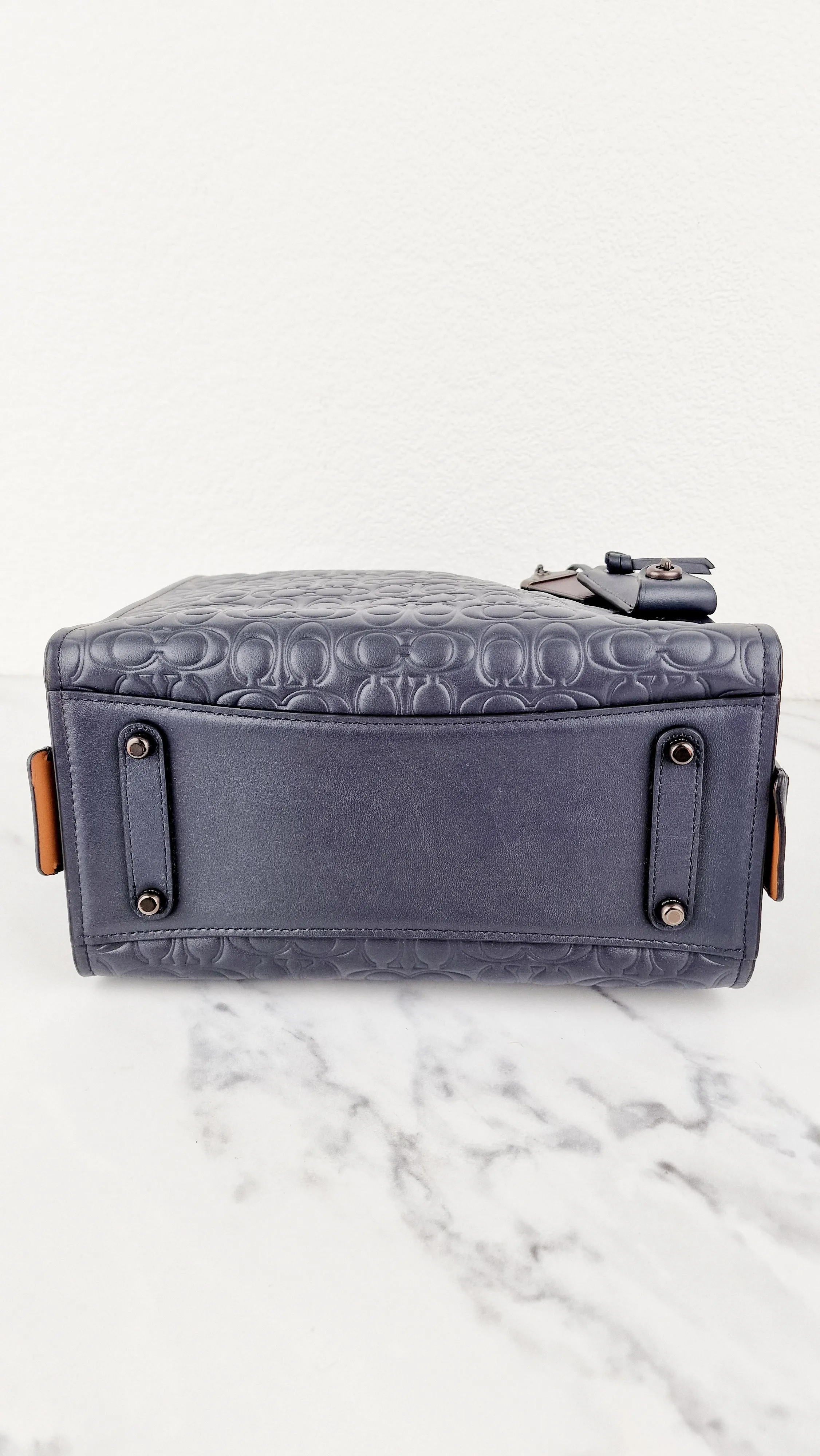 Coach Rogue 25 in Midnight Navy Blue Signature Embossed Smooth Leather with Burgundy Floral Bow Leather Lining - Coach 26839