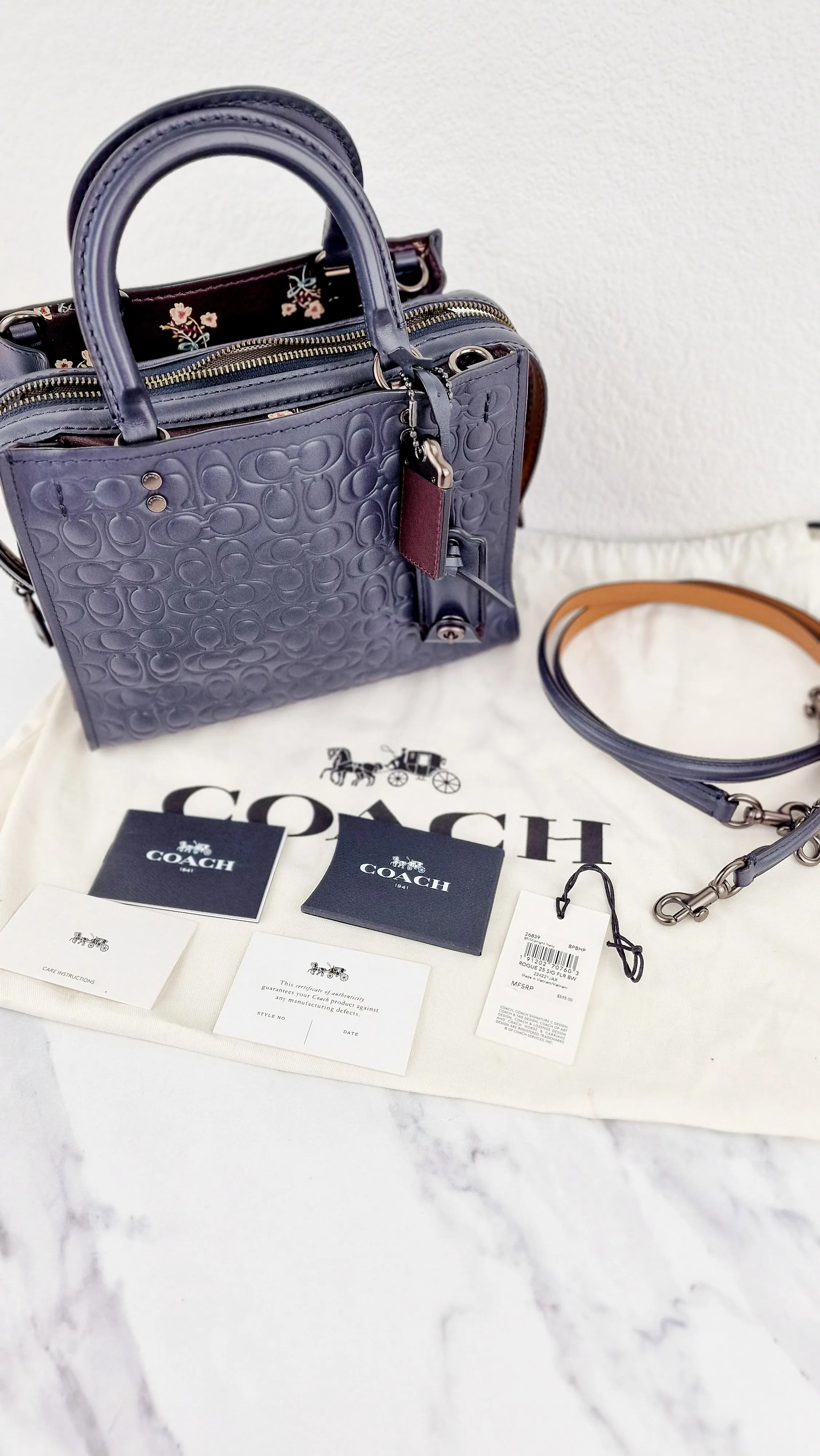 Coach Rogue 25 in Midnight Navy Blue Signature Embossed Smooth Leather with Burgundy Floral Bow Leather Lining - Coach 26839