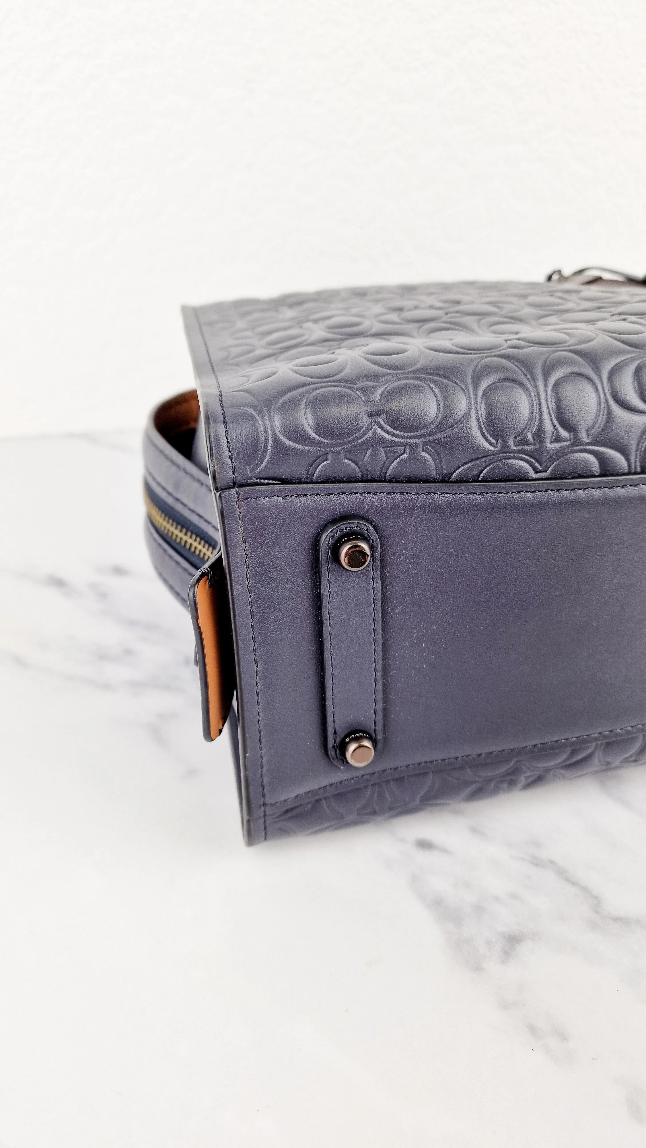Coach Rogue 25 in Midnight Navy Blue Signature Embossed Smooth Leather with Burgundy Floral Bow Leather Lining - Coach 26839