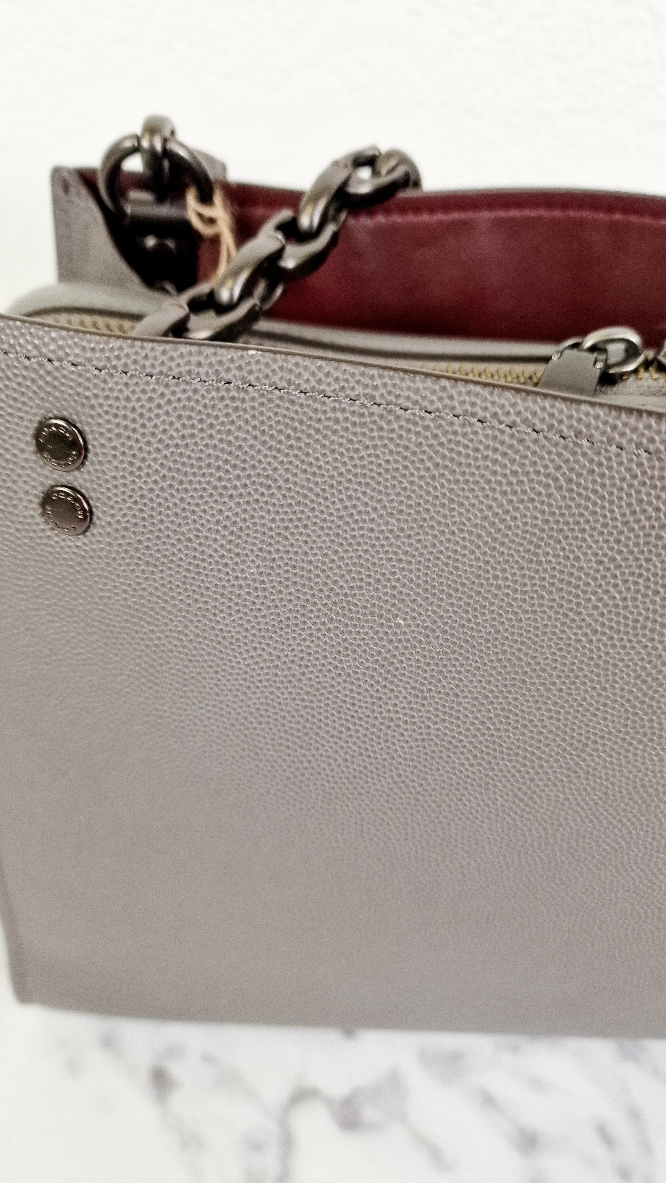Coach Rogue Shoulder Bag in Grey Grain Leather with Oxblood Lining & C Chain Detail - Coach 26829