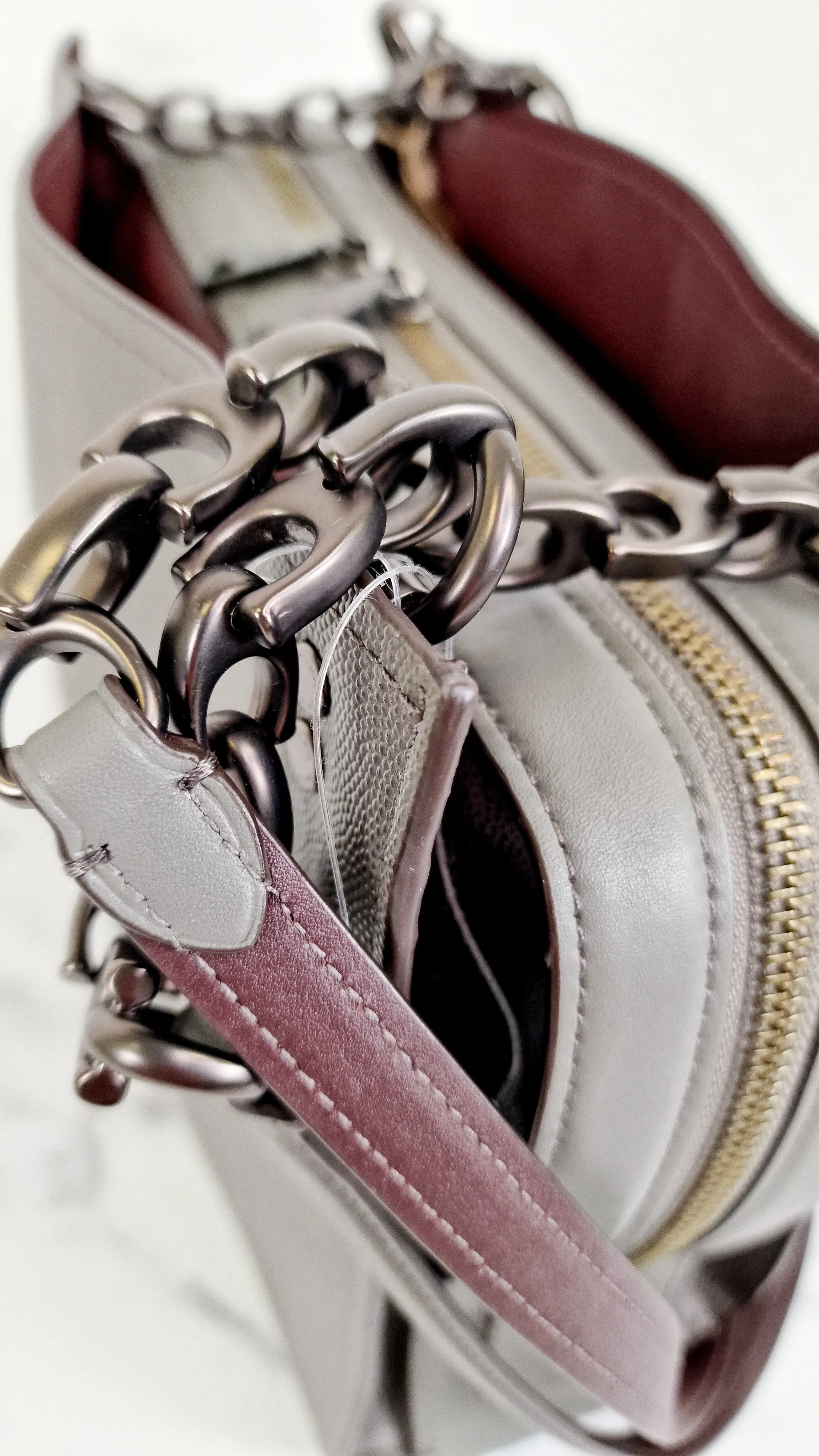 Coach Rogue Shoulder Bag in Grey Grain Leather with Oxblood Lining & C Chain Detail - Coach 26829