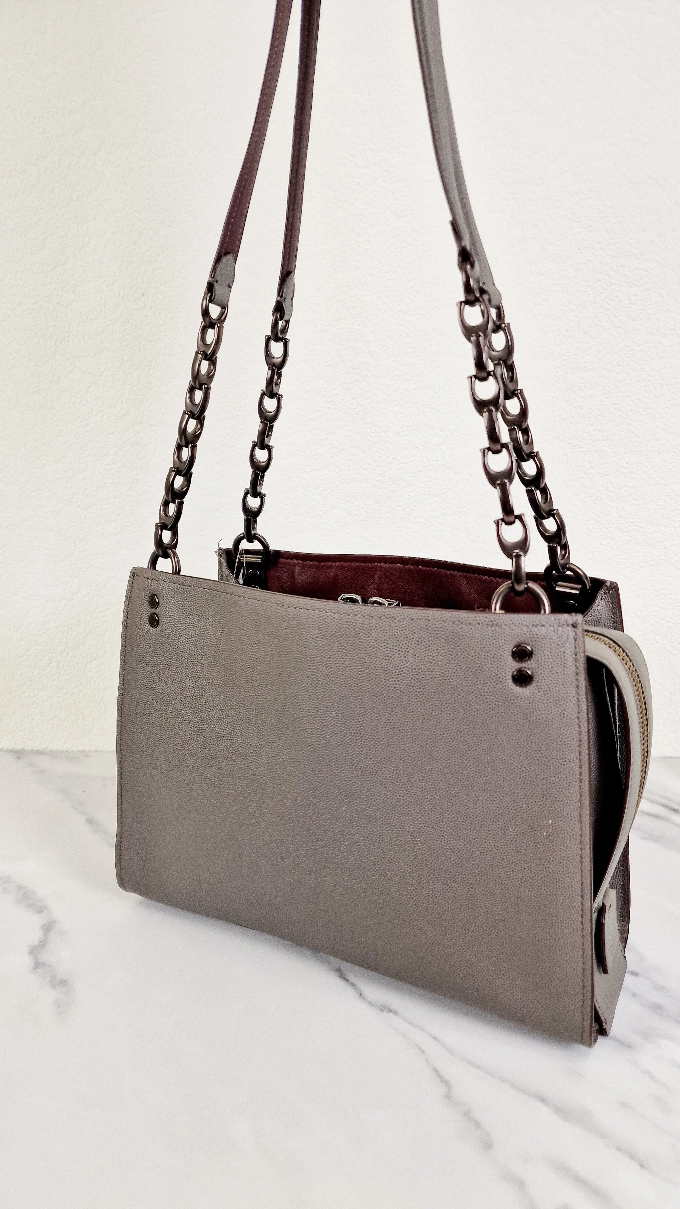 Coach Rogue Shoulder Bag in Grey Grain Leather with Oxblood Lining & C Chain Detail - Coach 26829