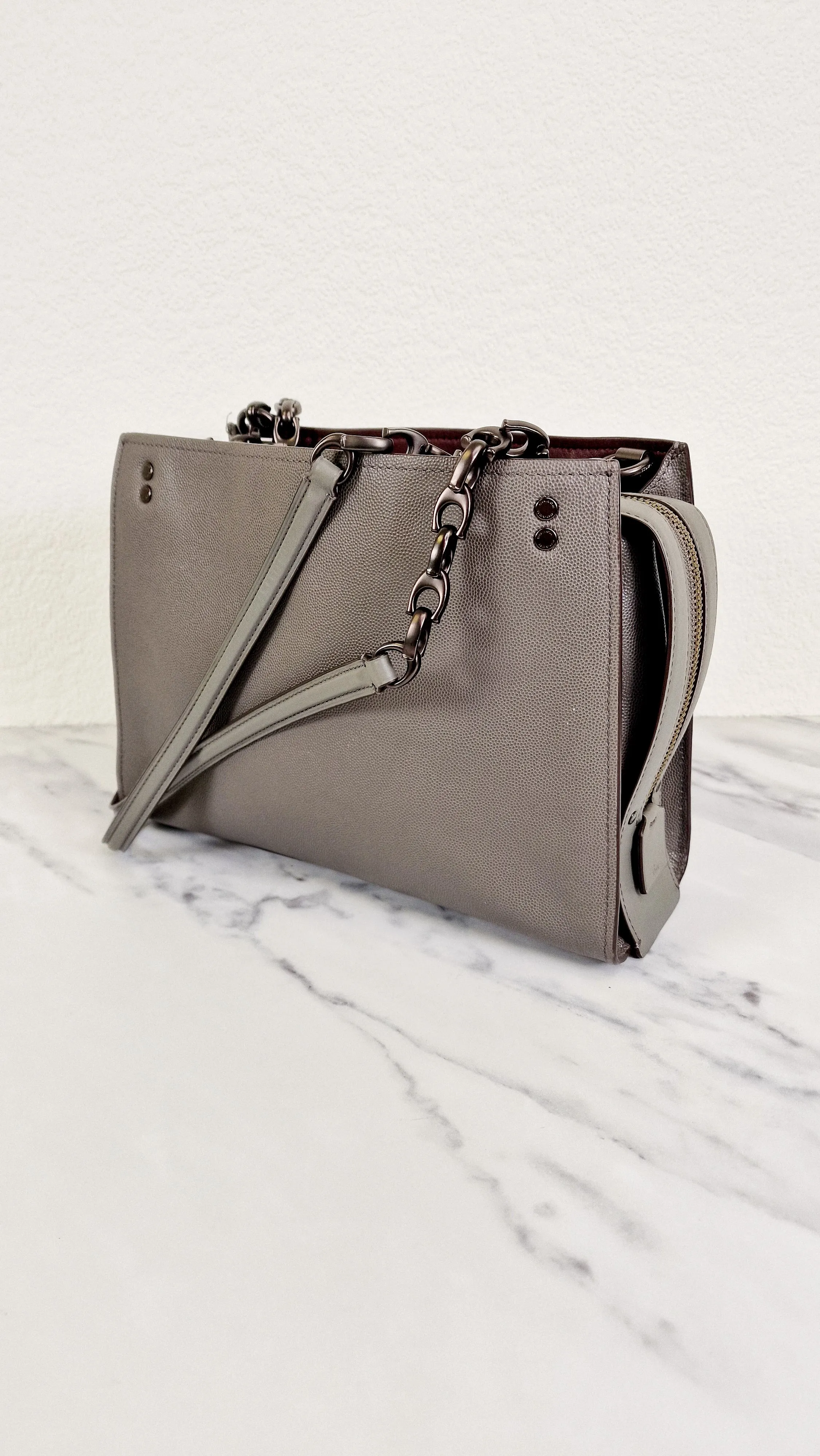 Coach Rogue Shoulder Bag in Grey Grain Leather with Oxblood Lining & C Chain Detail - Coach 26829