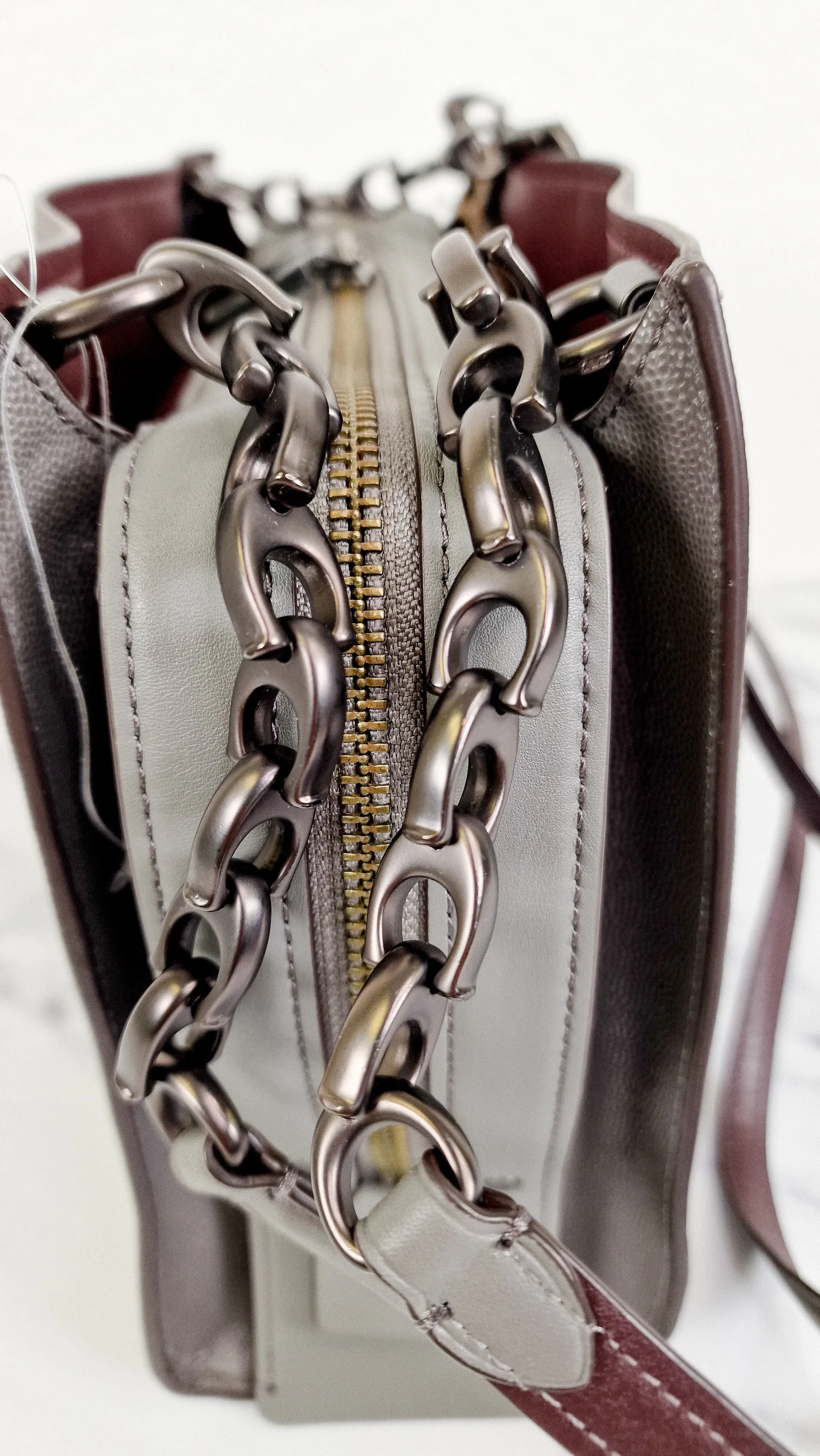 Coach Rogue Shoulder Bag in Grey Grain Leather with Oxblood Lining & C Chain Detail - Coach 26829