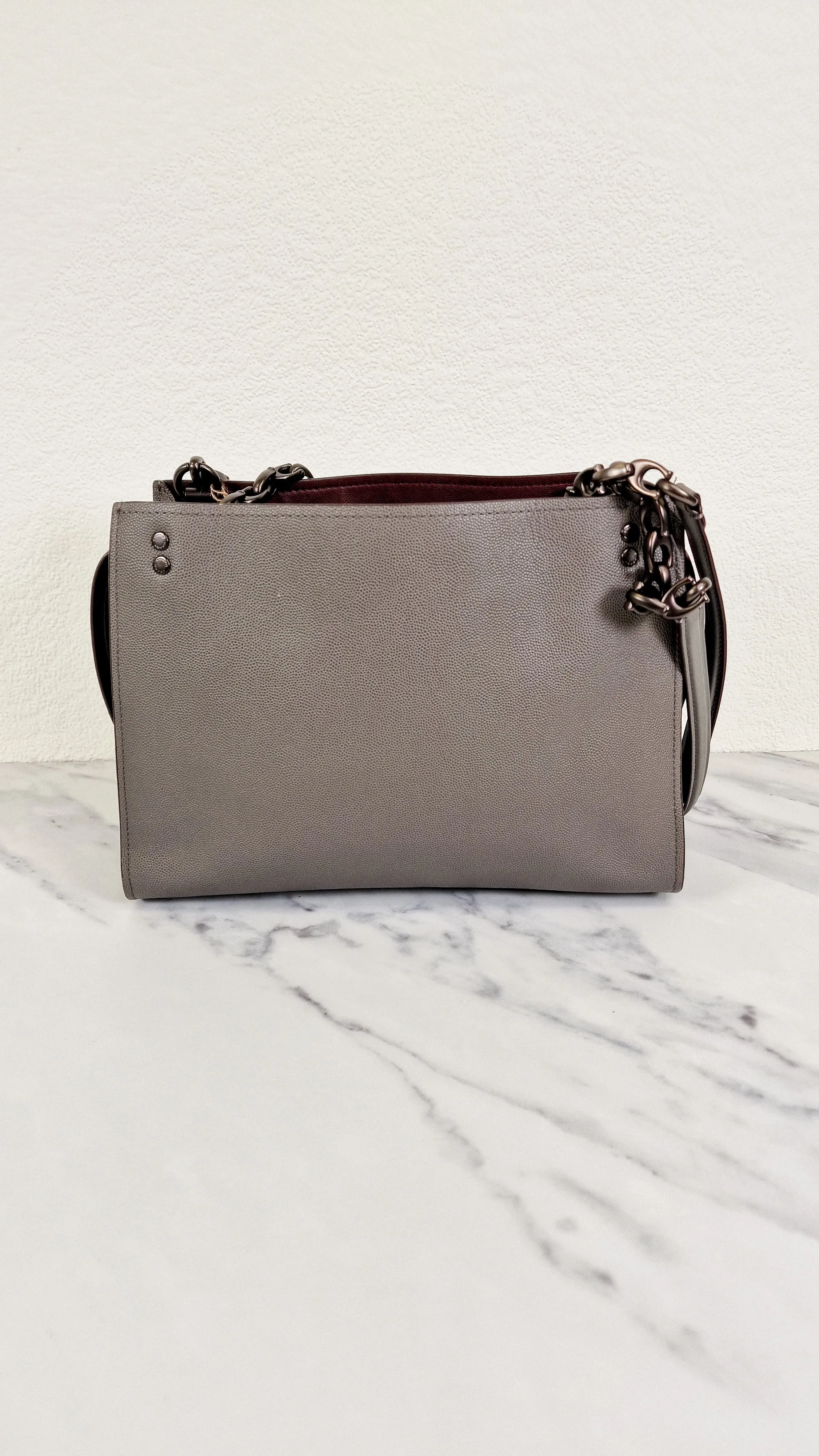 Coach Rogue Shoulder Bag in Grey Grain Leather with Oxblood Lining & C Chain Detail - Coach 26829