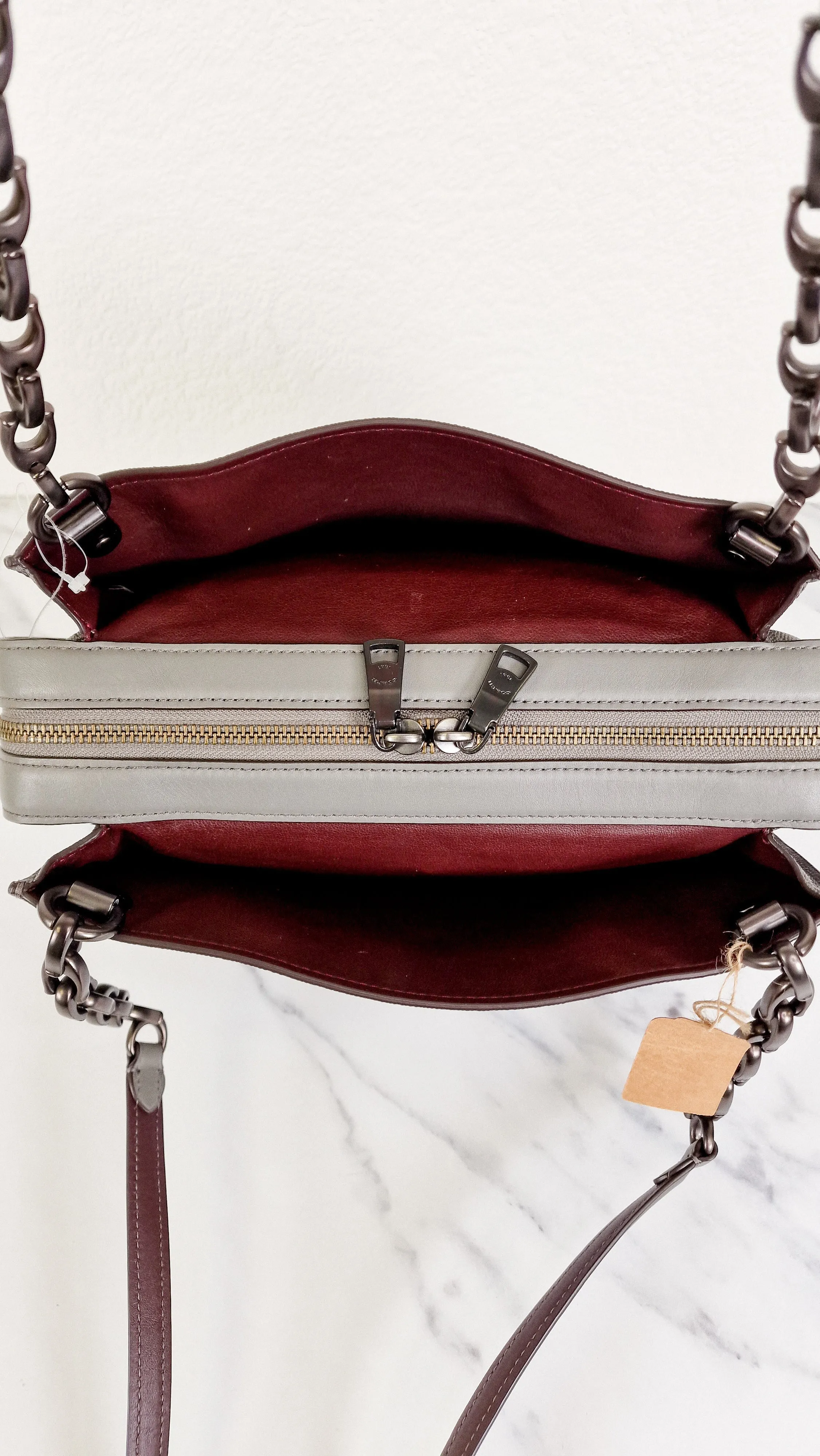 Coach Rogue Shoulder Bag in Grey Grain Leather with Oxblood Lining & C Chain Detail - Coach 26829