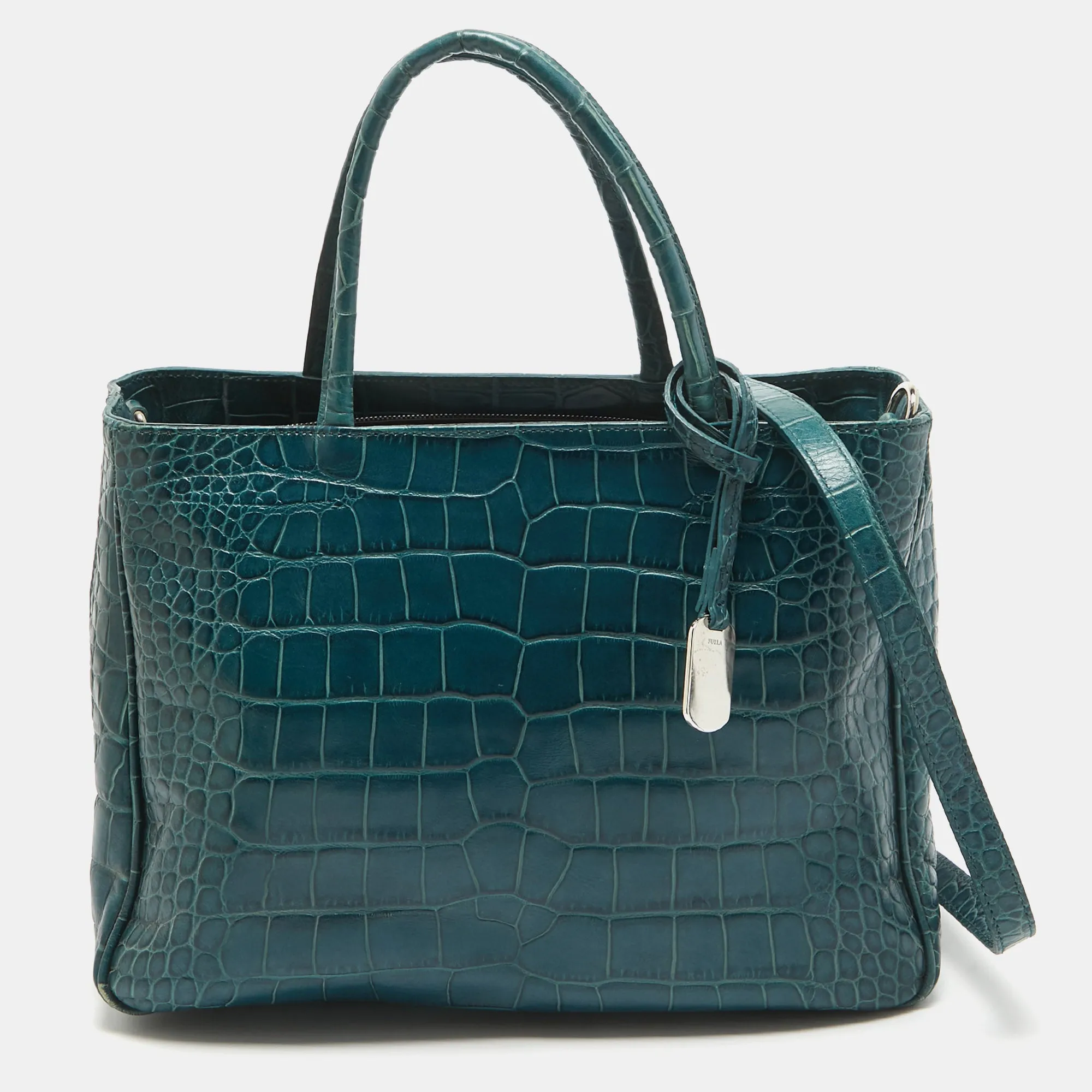 Dark Green Croc Embossed Leather Practica Tote
