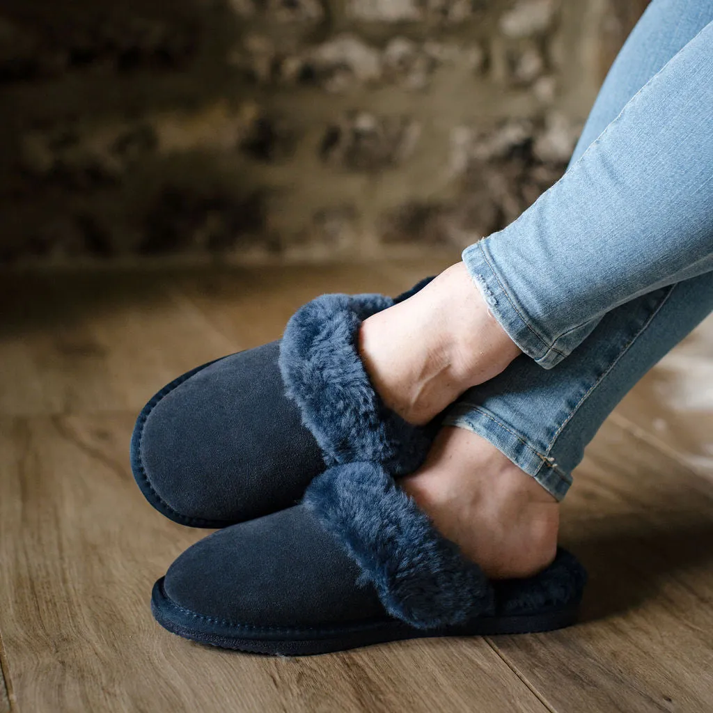 Deluxe Ladies 'Daisy' Sheepskin Slipper Mule - Navy