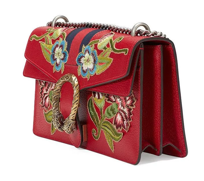 Dionysus Embroidered Leather Shoulder Bag, Red