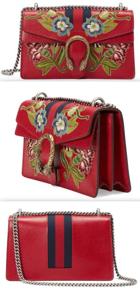 Dionysus Embroidered Leather Shoulder Bag, Red