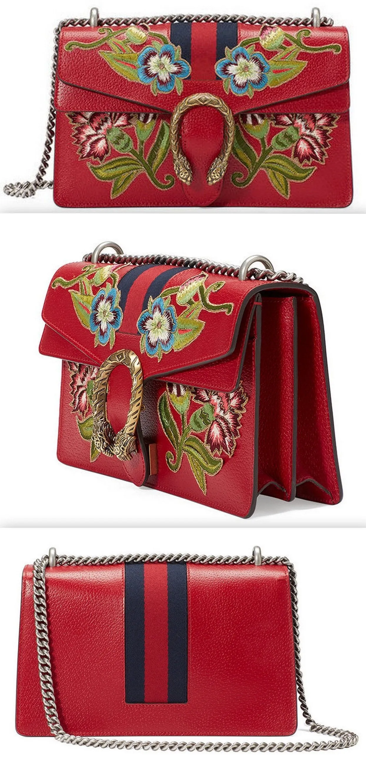 Dionysus Embroidered Leather Shoulder Bag, Red
