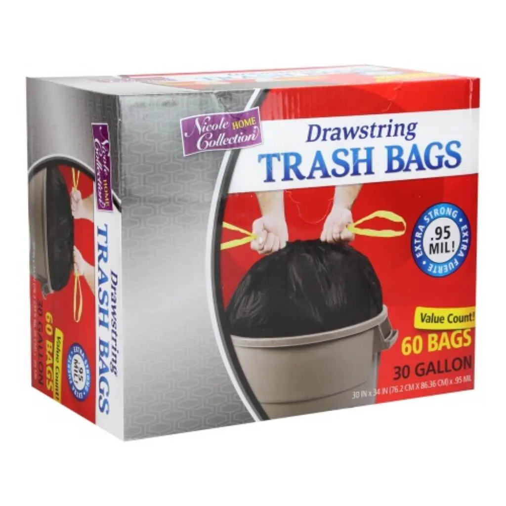 Drawstring Trash Bags Black 60 Count 30 Gallon