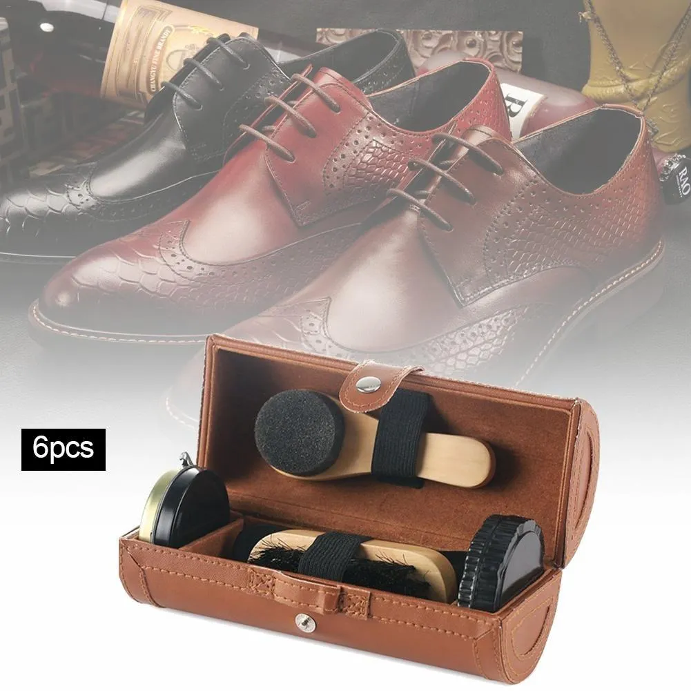 Elegant Leather Portable Shoe Care & Polish Kit 6 Pcs