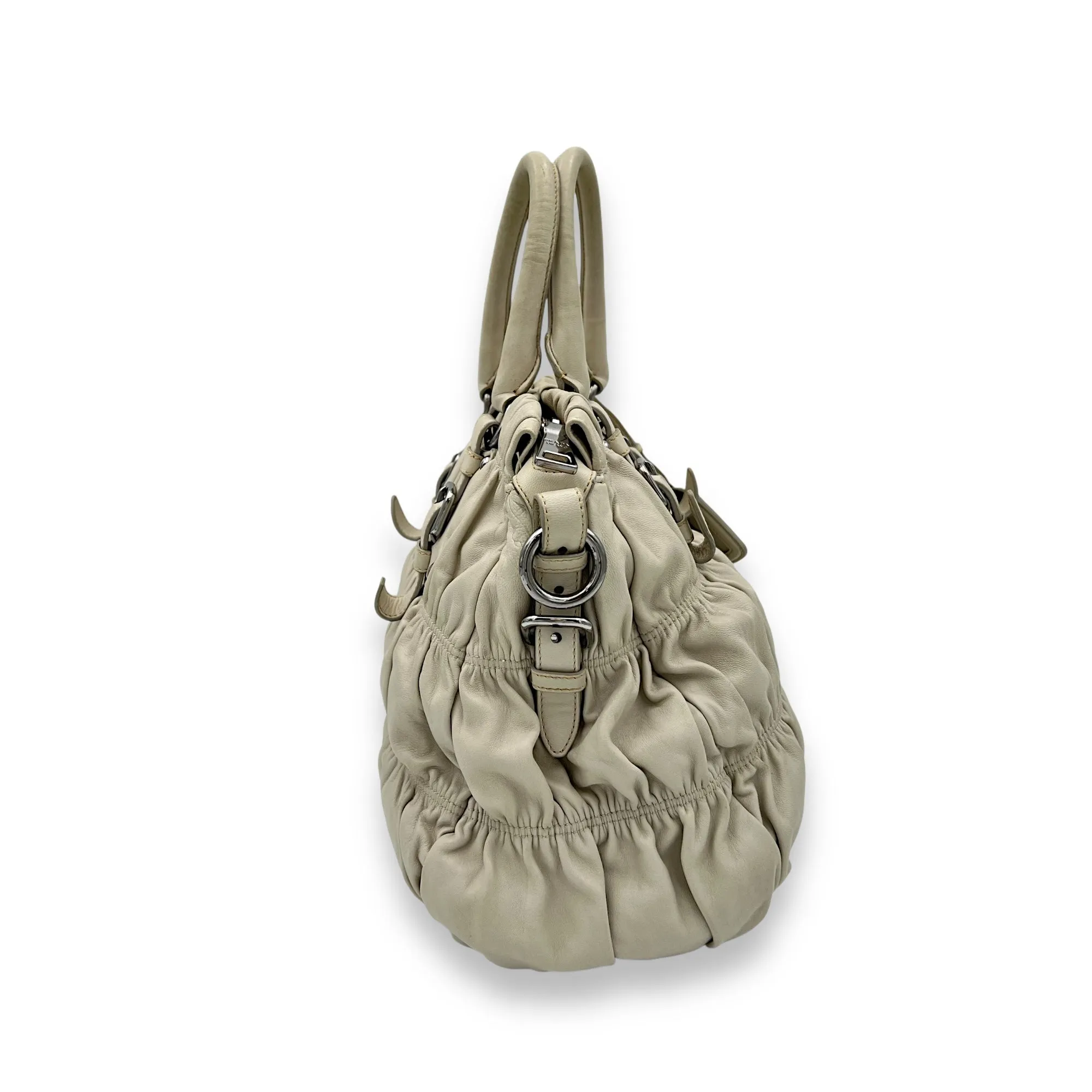 Gaufre Beige Top Handle Bag in Lambskin, Silver hardware