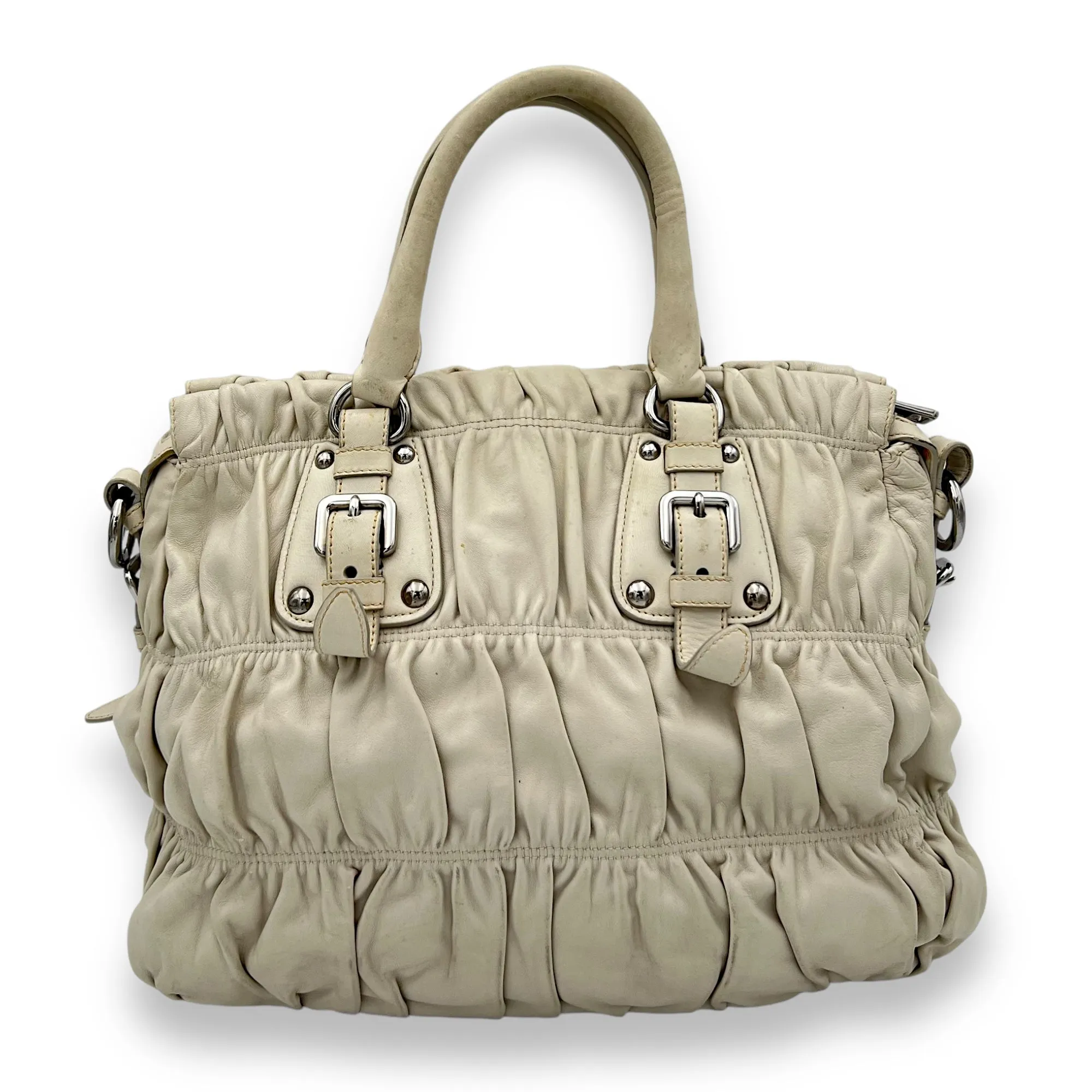 Gaufre Beige Top Handle Bag in Lambskin, Silver hardware
