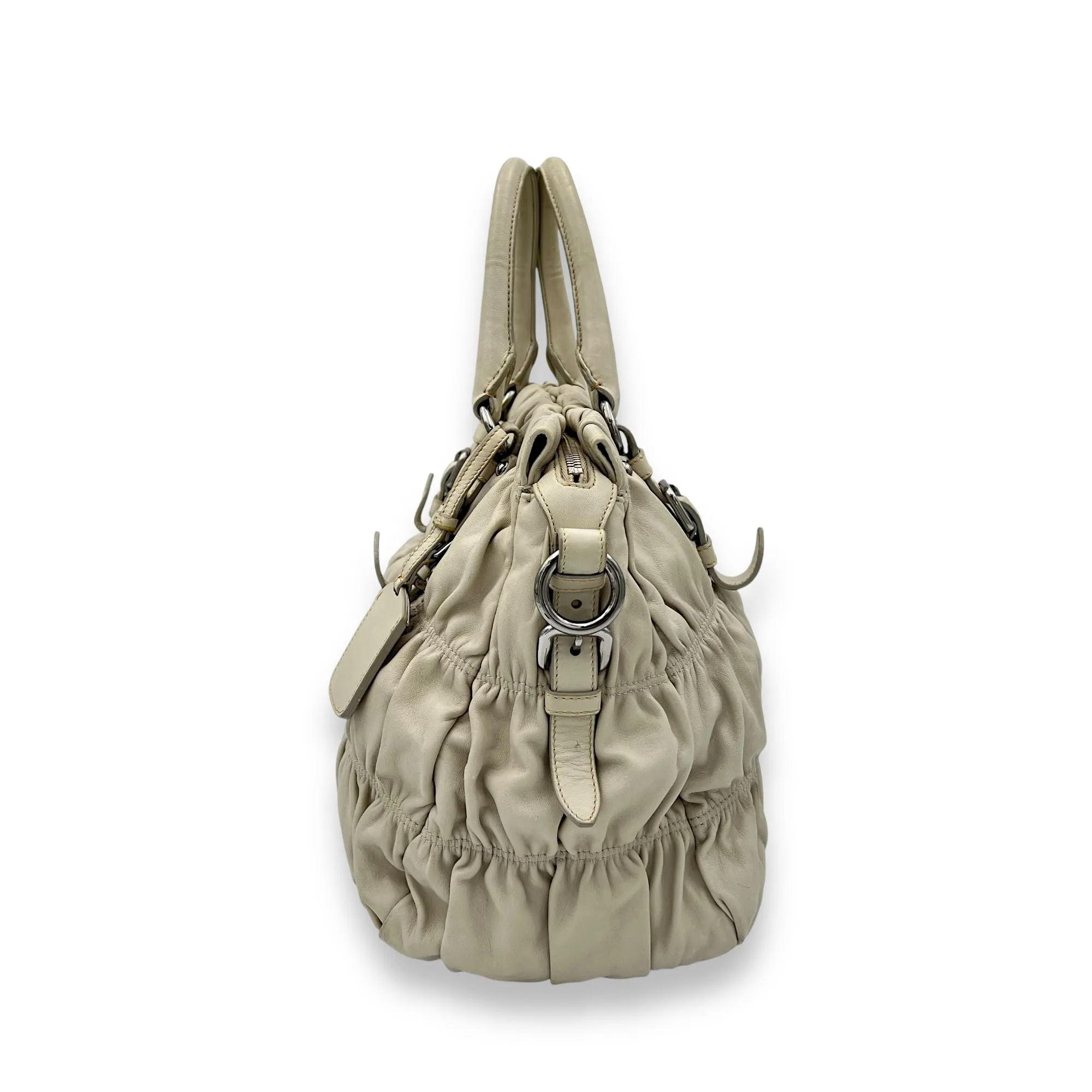 Gaufre Beige Top Handle Bag in Lambskin, Silver hardware