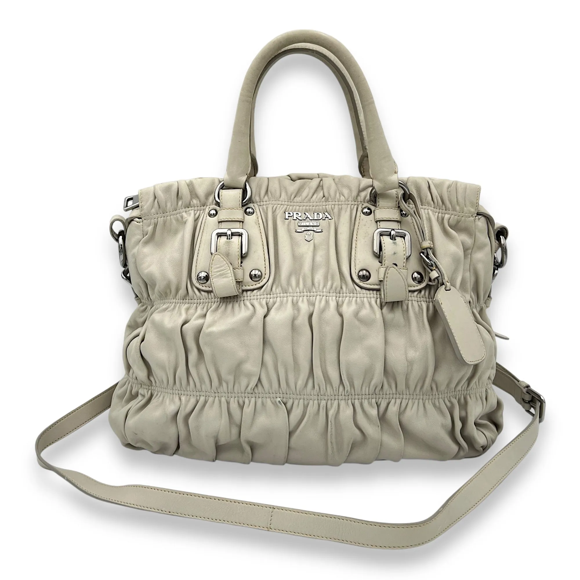 Gaufre Beige Top Handle Bag in Lambskin, Silver hardware