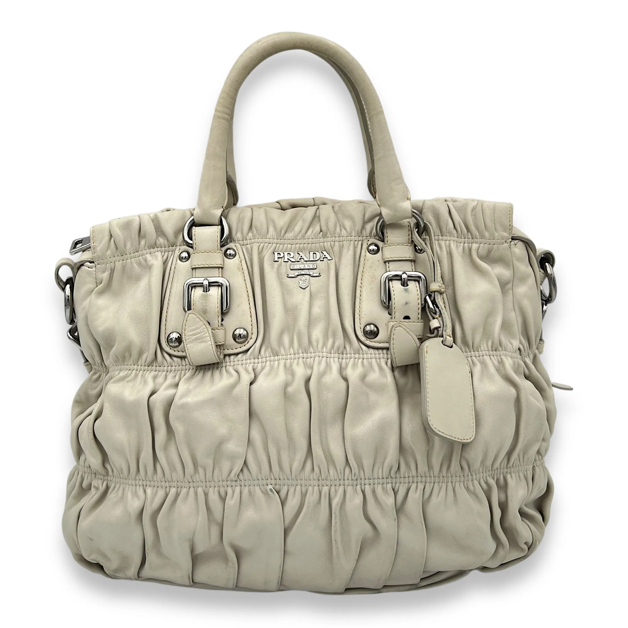 Gaufre Beige Top Handle Bag in Lambskin, Silver hardware