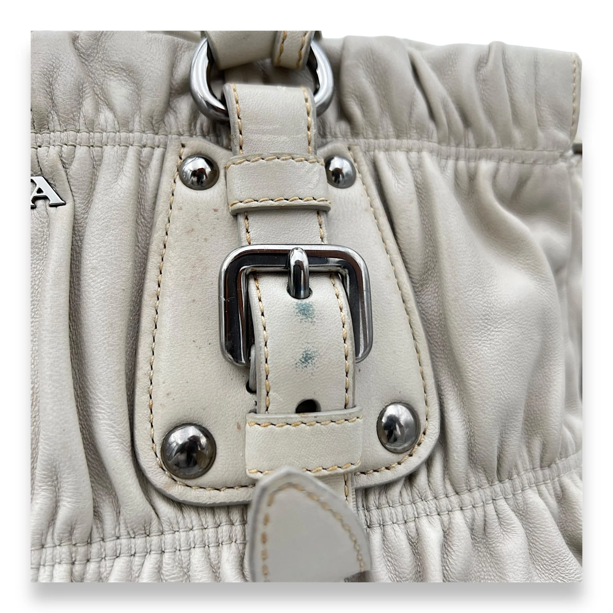 Gaufre Beige Top Handle Bag in Lambskin, Silver hardware