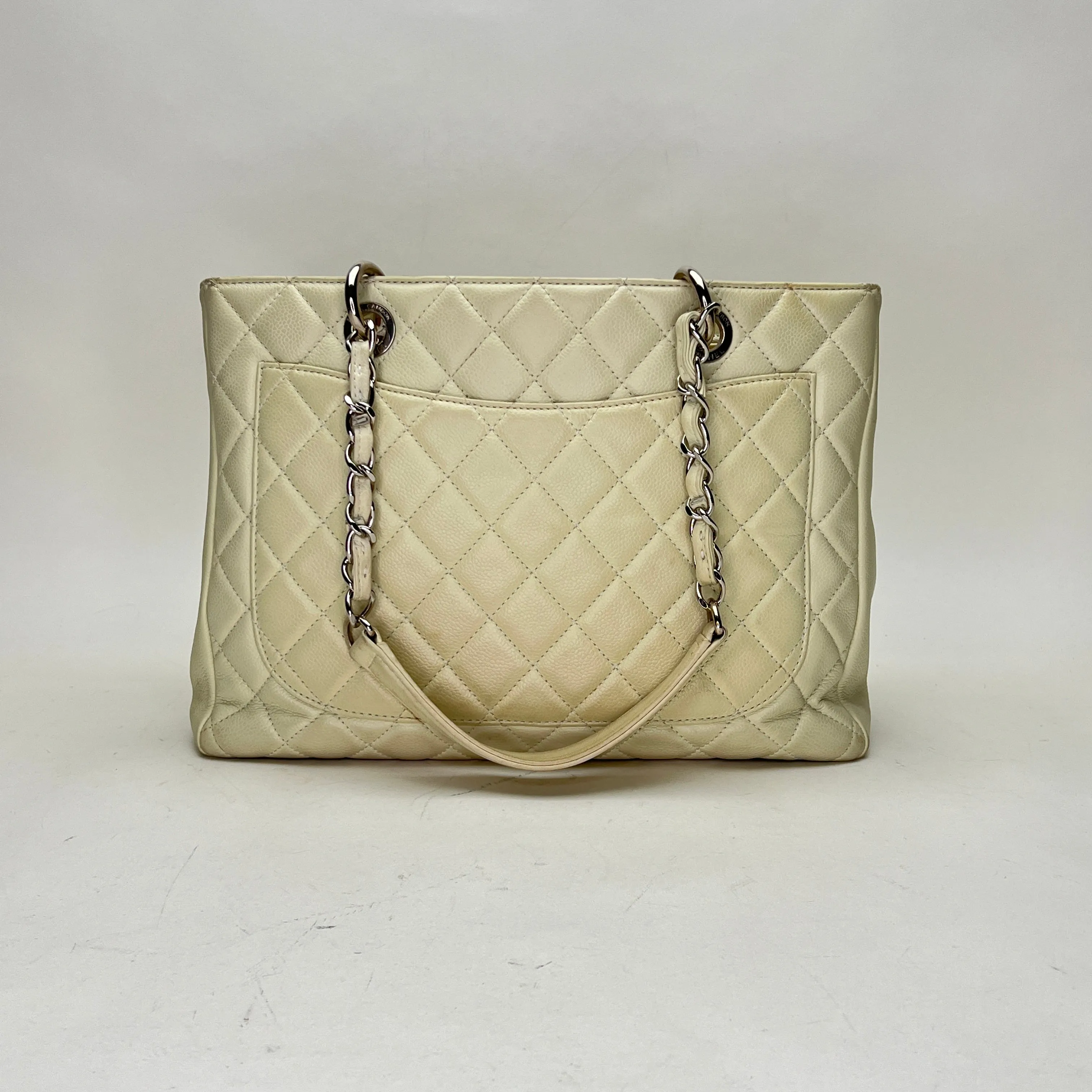 GST Beige Tote Bag in Caviar Leather, Silver hardware