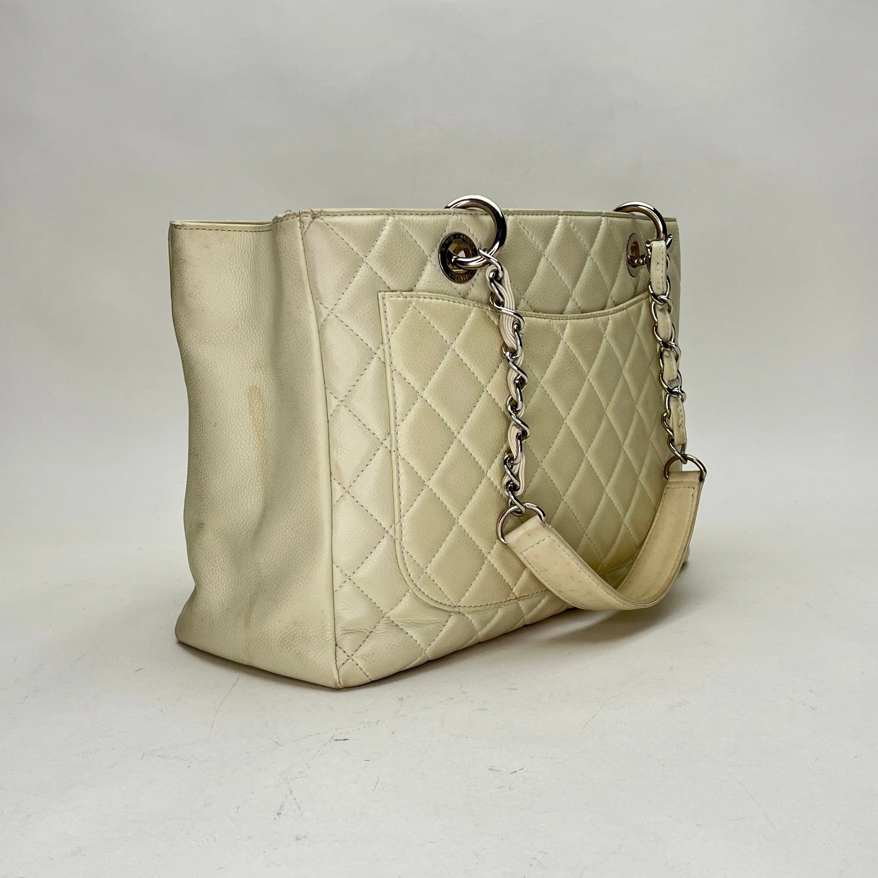GST Beige Tote Bag in Caviar Leather, Silver hardware