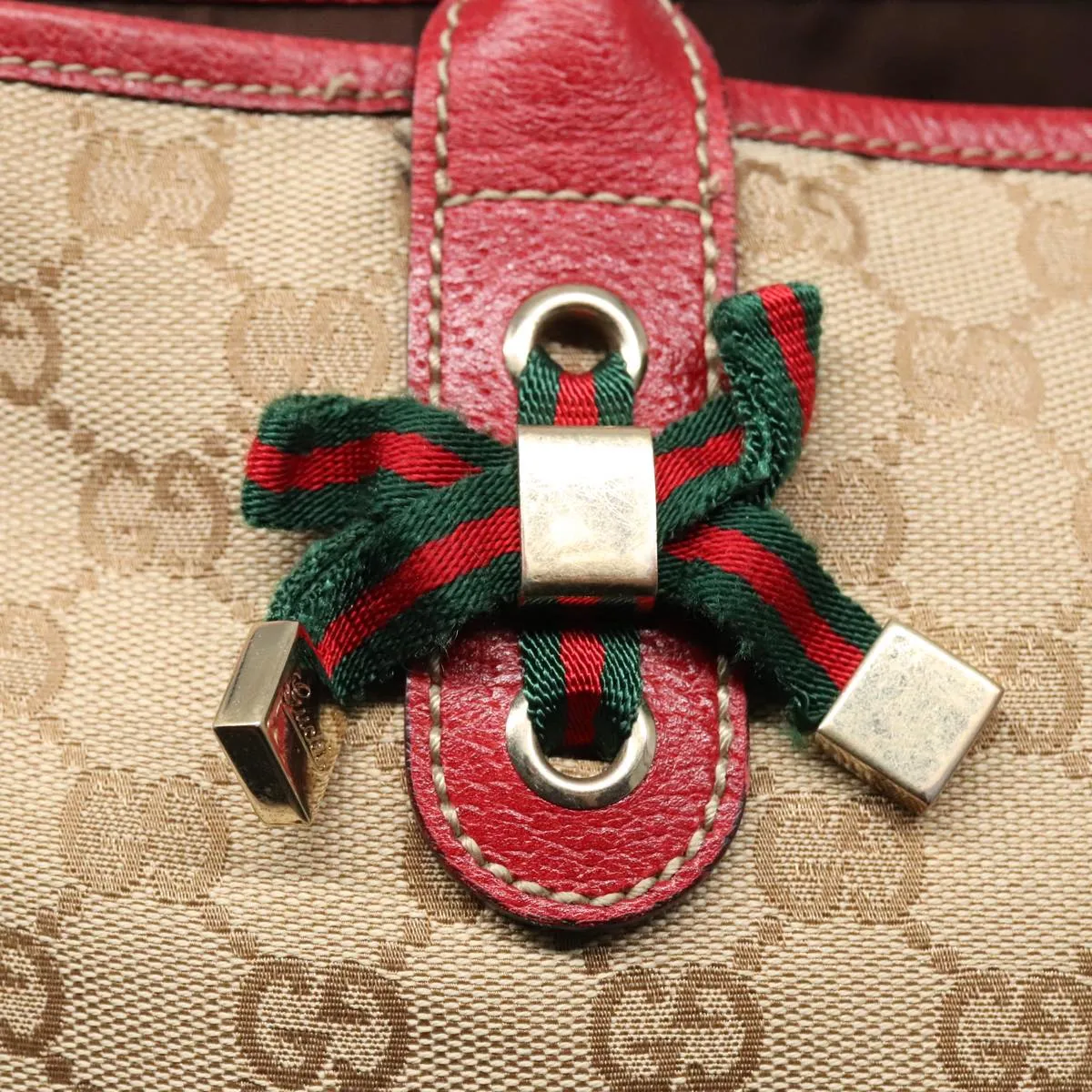 GUCCI GG Canvas Web Sherry Line Shoulder Bag Beige Gold Red 163805 93220