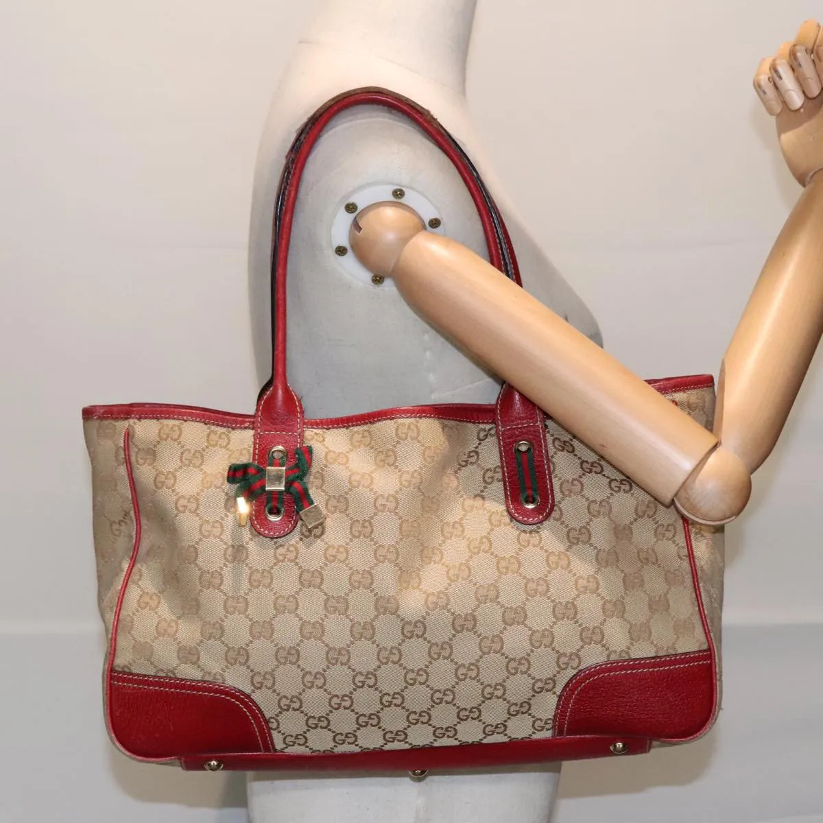 GUCCI GG Canvas Web Sherry Line Shoulder Bag Beige Gold Red 163805 93220