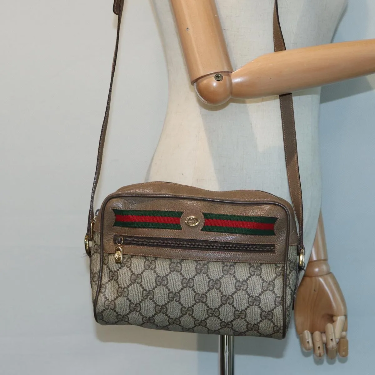 GUCCI GG Canvas Web Sherry Line Shoulder Bag PVC Leather Beige 83135