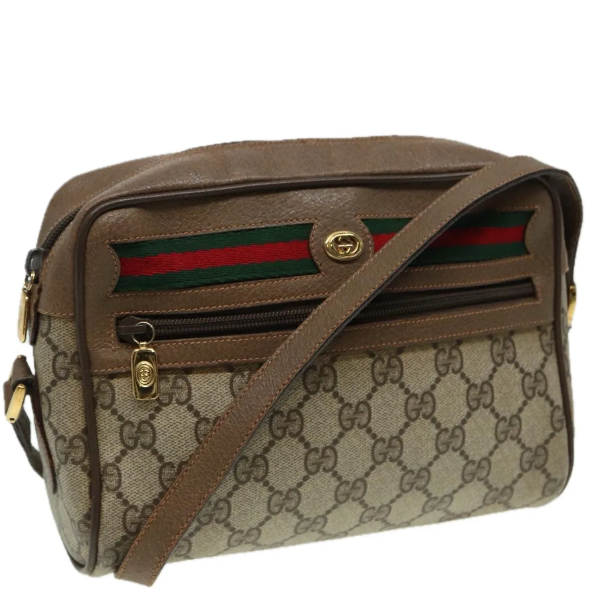GUCCI GG Canvas Web Sherry Line Shoulder Bag PVC Leather Beige 83135