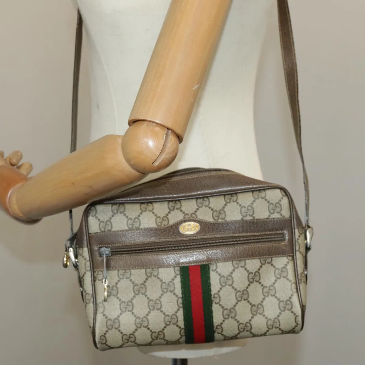 GUCCI GG Supreme Web Sherry Line Shoulder Bag PVC Beige 56 02 004 95827