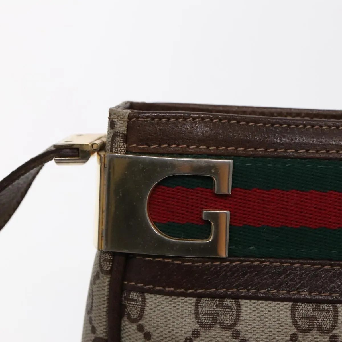 GUCCI GG Supreme Web Sherry Line Shoulder Bag PVC Beige Gold Red 95726