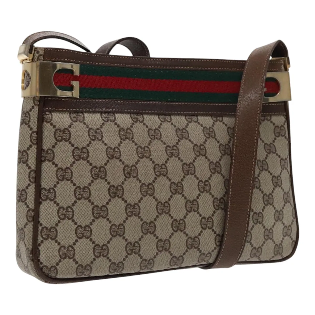 GUCCI GG Supreme Web Sherry Line Shoulder Bag PVC Beige Gold Red 95726