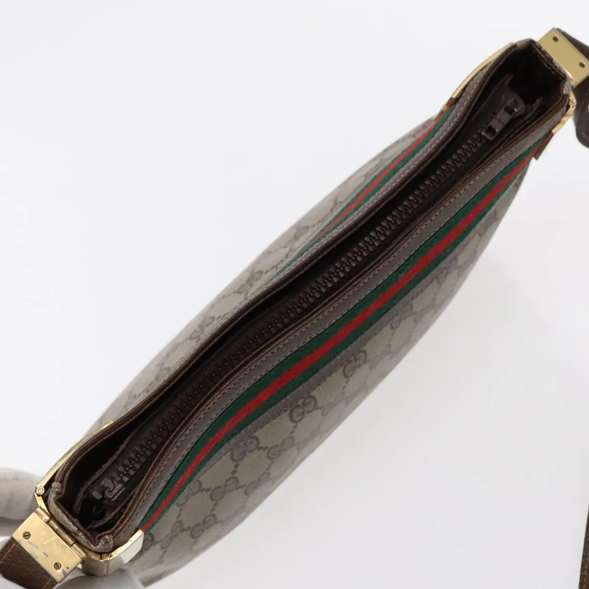 GUCCI GG Supreme Web Sherry Line Shoulder Bag PVC Beige Gold Red 95726