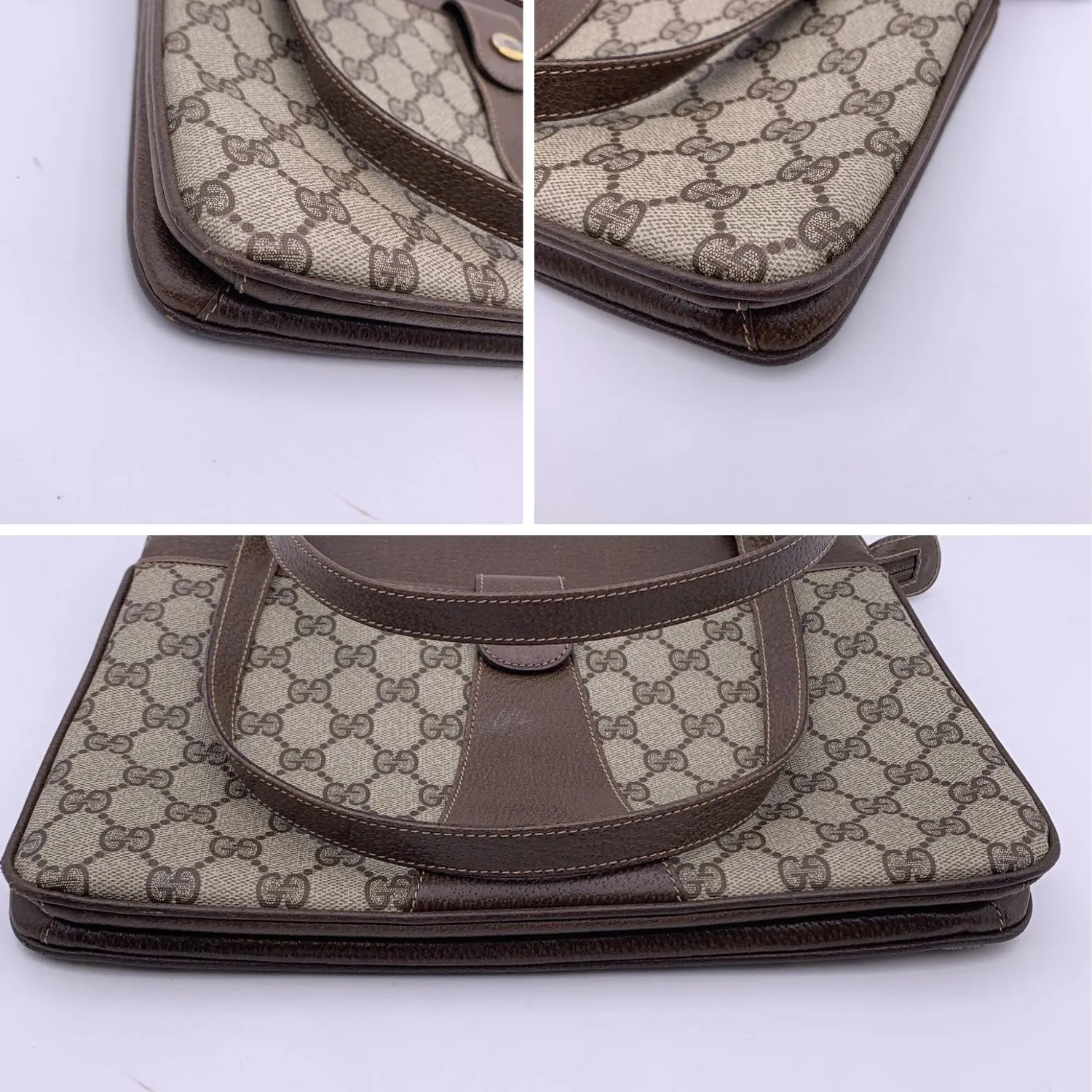 Gucci Vintage Beige Monogram Canvas and Leather Handbag