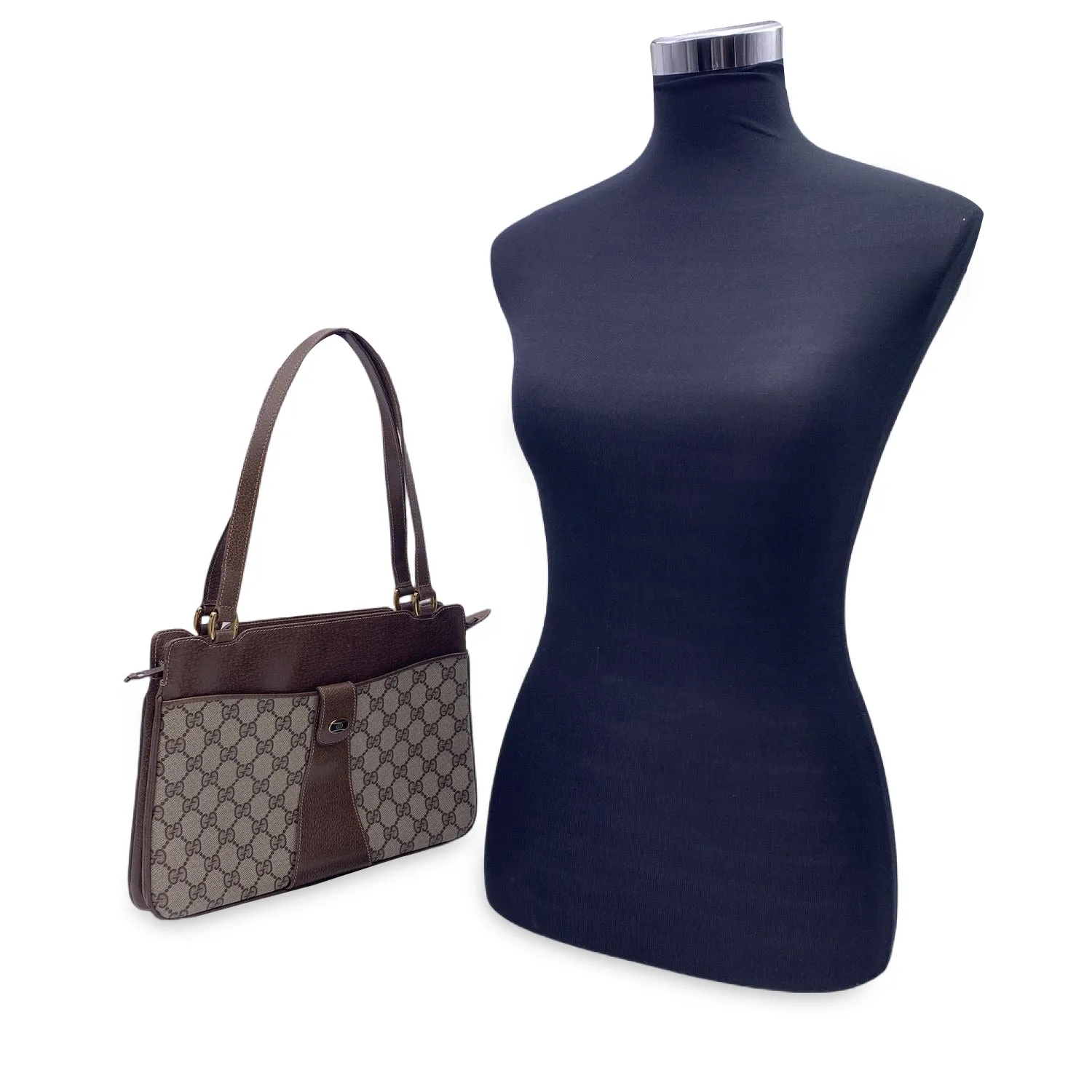 Gucci Vintage Beige Monogram Canvas and Leather Handbag