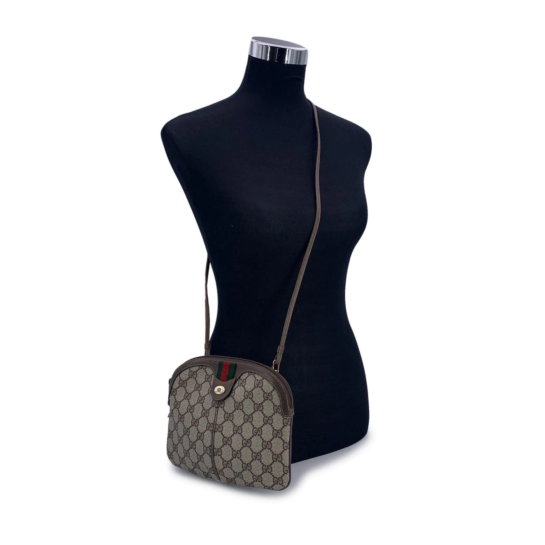 Gucci Vintage Beige Monogram Canvas Small Web Crossbody Bag