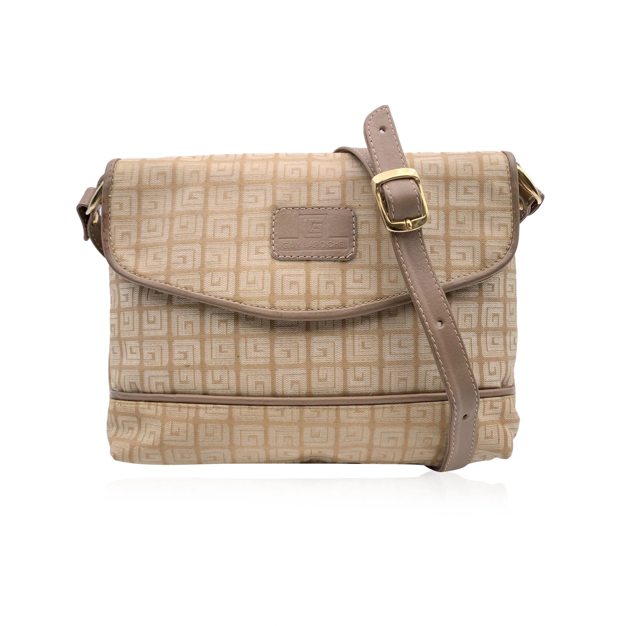 Guy Laroche Vintage Beige Canvas and Leather Shoulder Bag