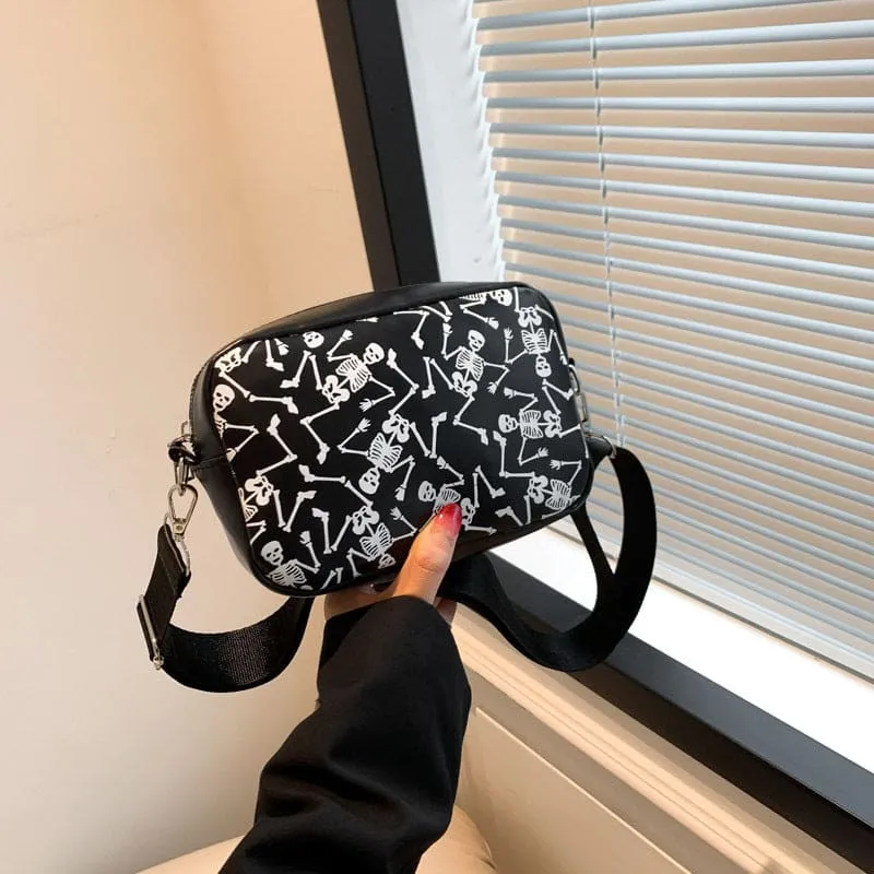 Halloween Printed Small Square Bag with Skull and Pumpkin Designs