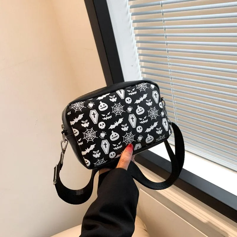 Halloween Printed Small Square Bag with Skull and Pumpkin Designs