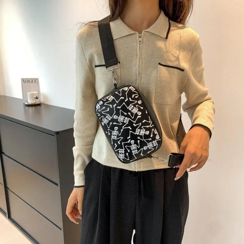 Halloween Printed Small Square Bag with Skull and Pumpkin Designs
