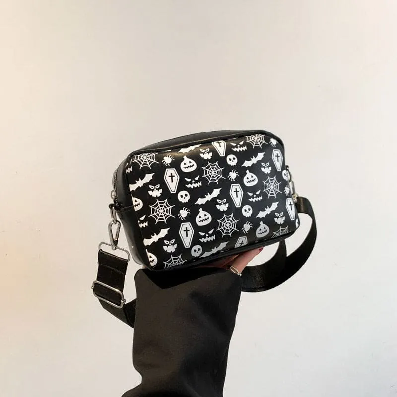 Halloween Printed Small Square Bag with Skull and Pumpkin Designs